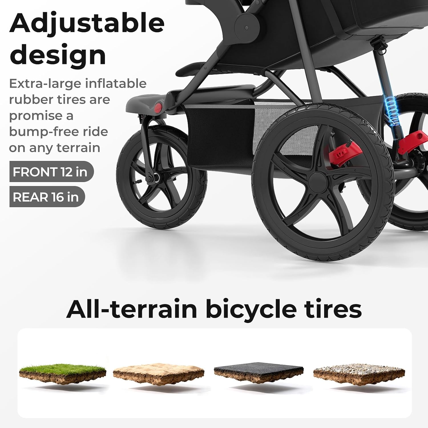 Close-up of the stroller's rear wheel with a red brake pedal and a diagram illustrating the 360-degree rotation of the front wheel with a locking mechanism.