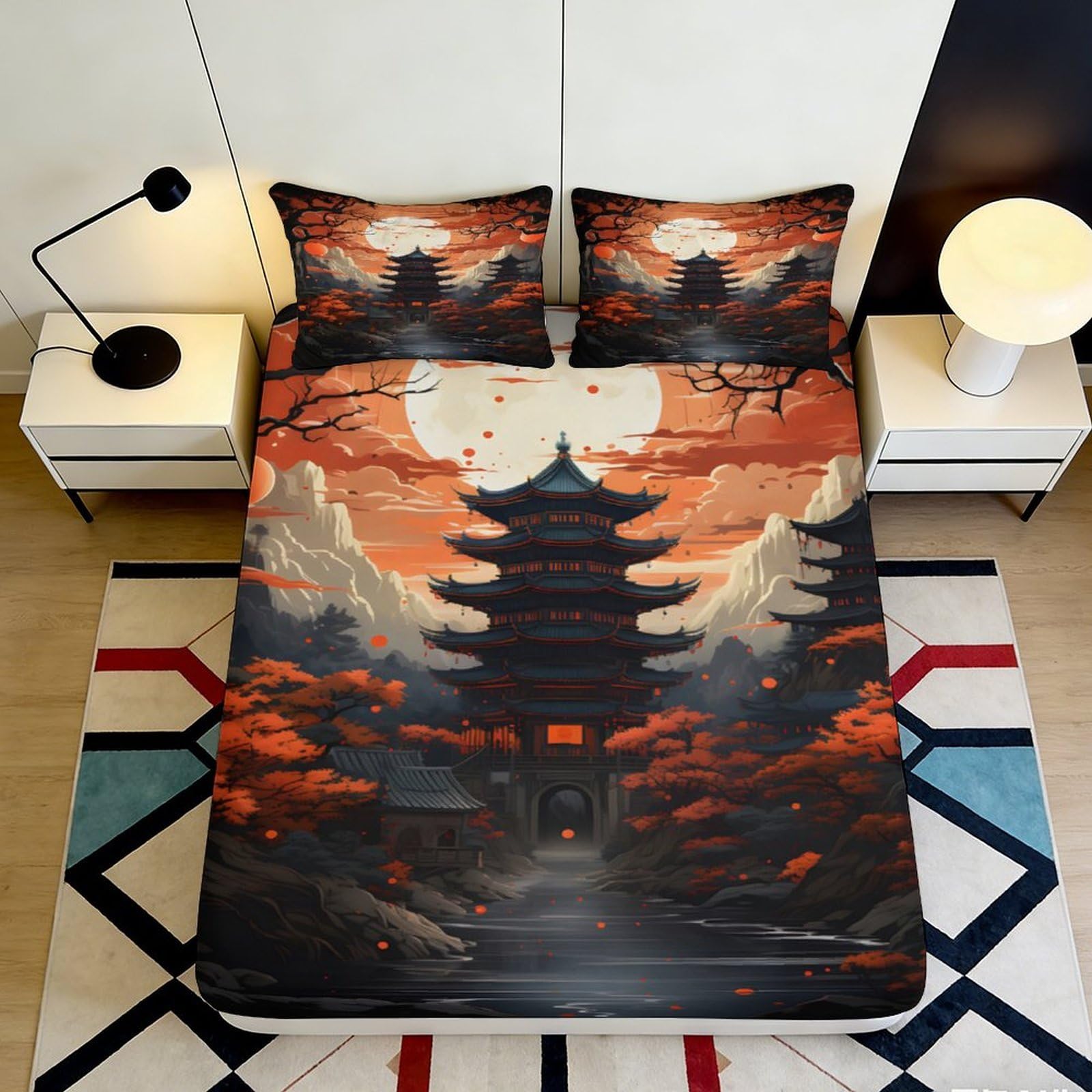 3D Printed Oriental Pagoda Fitted Sheet Microfiber Soft Breathable Autumn Landscape Bed Cover for Bedroom Dormitory Guest Room Mattress Protection Decor 180x200x25cm