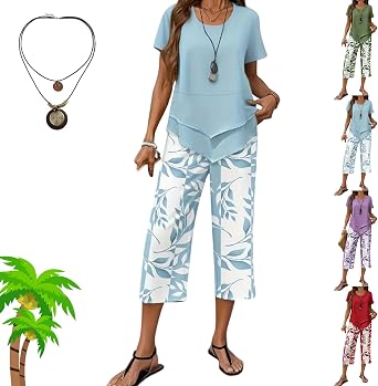 RJDJ Printed Cropped Pants Casual Two-Piece Set, 2026 Casual Round Neck Layered Tunic Top and Wide Leg Pants Set