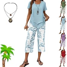 RJDJ Printed Cropped Pants Casual Two-Piece Set, 2026 Casual Round Neck Layered Tunic Top and Wide Leg Pants Set