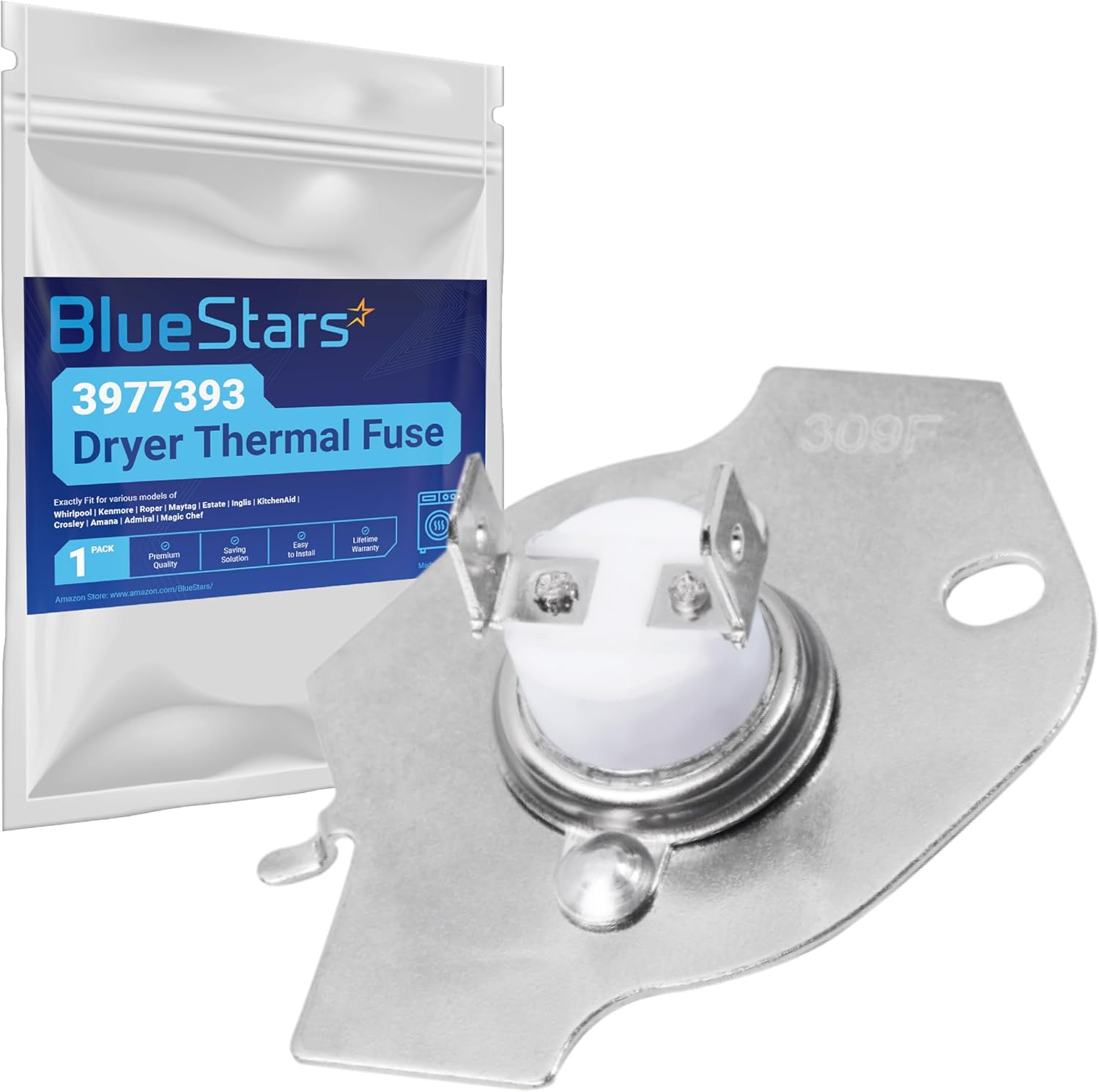 BlueStars 3977393 Dryer Thermal Fuse - Compatible with Whirlpool Maytag Roper Kenmore KitchenAid Dryers - Replaces AP3094244 3399848 AH334299 279816 - PACK OF 12
