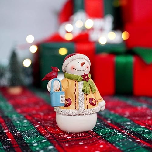 Miniatura 4 de Figurita de muñeco de nieve de Navidad para interiores – Muñeco de nieve de resina con pájaro y cubo de semillas, decoración navideña de mesa de