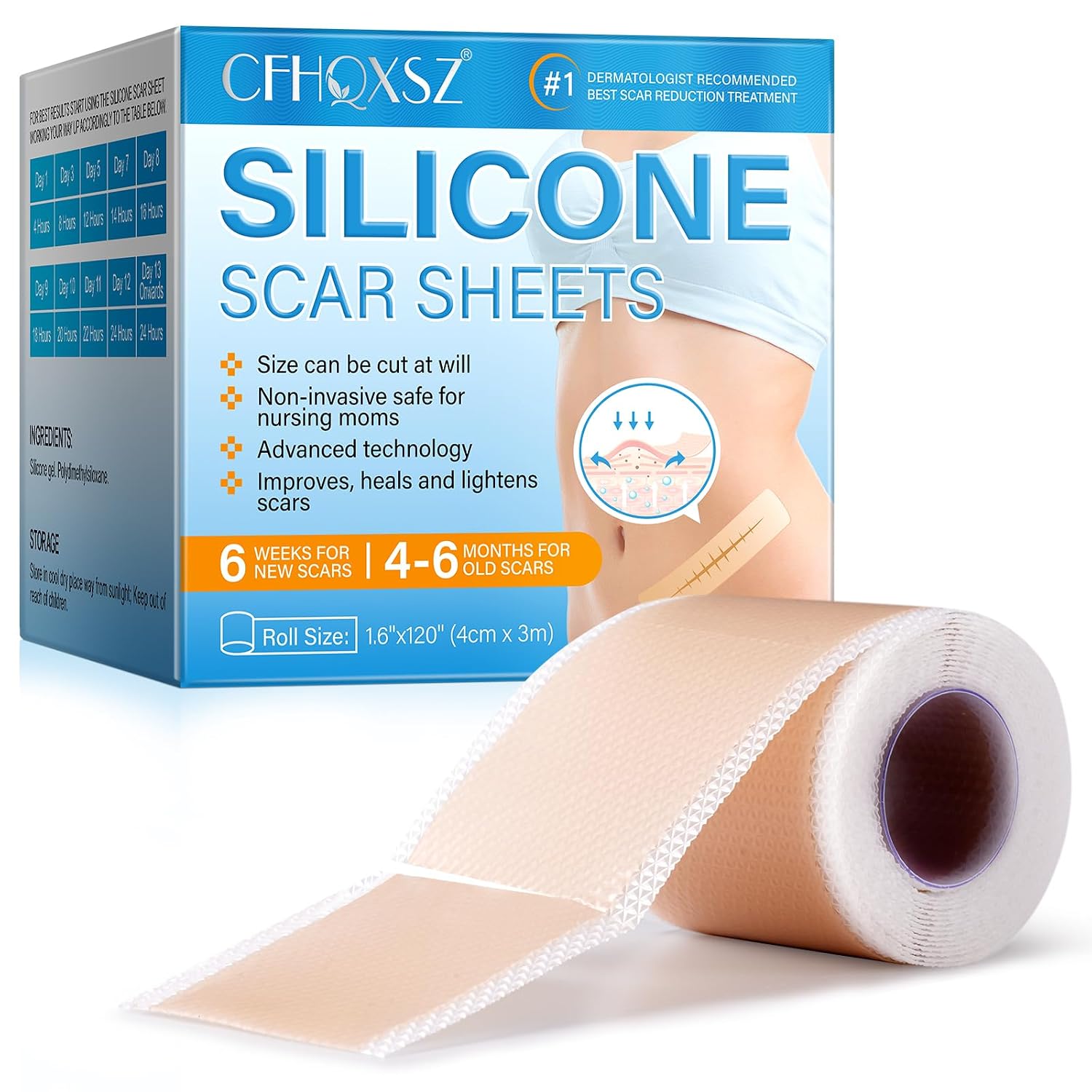 Silicone Scar Sheets, (1.6"X120" Roll-3M) Silicone Scar Tape, Scar Tape for Surgical Scars, Medical Grade Scar Tape with Collagen,For Surgical,C-Section,Tummy Tuck,Keloid Scars, Keloid Bump Removal