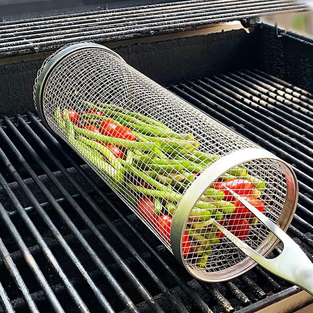 Stainless Steel Barbecue Cooking Grill Grate, Rolling Grill Basket BBQ Accessories,Grill Baskets for Outdoor Grill,Barbecue Stainless Steel Wire Mesh Cylinder,Portable Outdoor Camping BBQ Ra