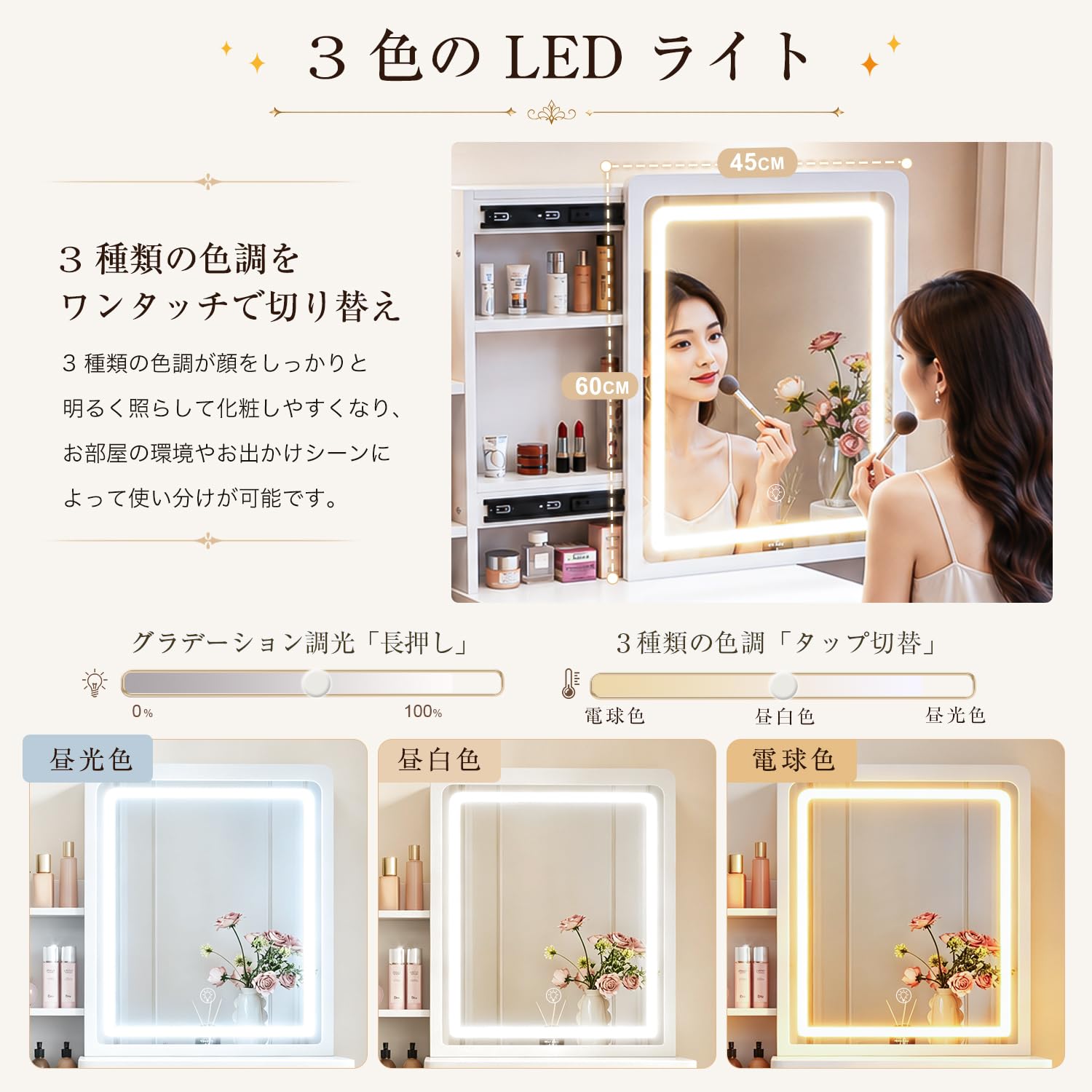 Amazon｜EJ ドレッサー コンパクト 白 3色 LEDライト スライドミラー