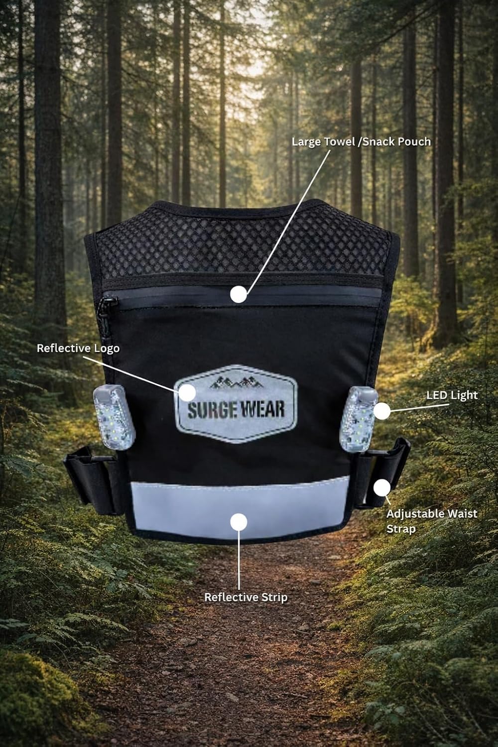 Running Vest for Women Men, Adjustable Chest Straps, Small - Large, Hydration Vest with 500ml Soft Flask, Reflective with LED Lights, Lightweight Breathable Vest for Marathon and Biking