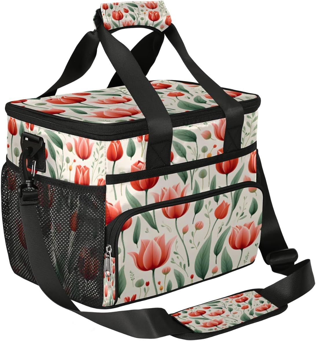Tulips Insulated Picnic Backpack Lunch Box for Women Men Picnic Basket Tote Lunch Bag Picnic Bag Portable Lunch Bags for Picnic, Beach, Work, Trip,Office, Camp Red Flowers