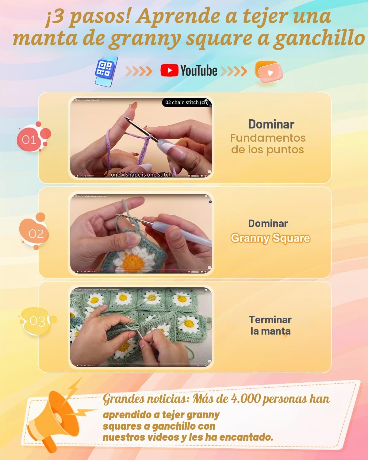 Coopay Juego de ganchillo Granny Square para principiantes, juego de ganchillo para manta de margaritas, juego de ganchillo completo con aguja de ganchillo, hilo de ganchillo, juego de ganchillo con