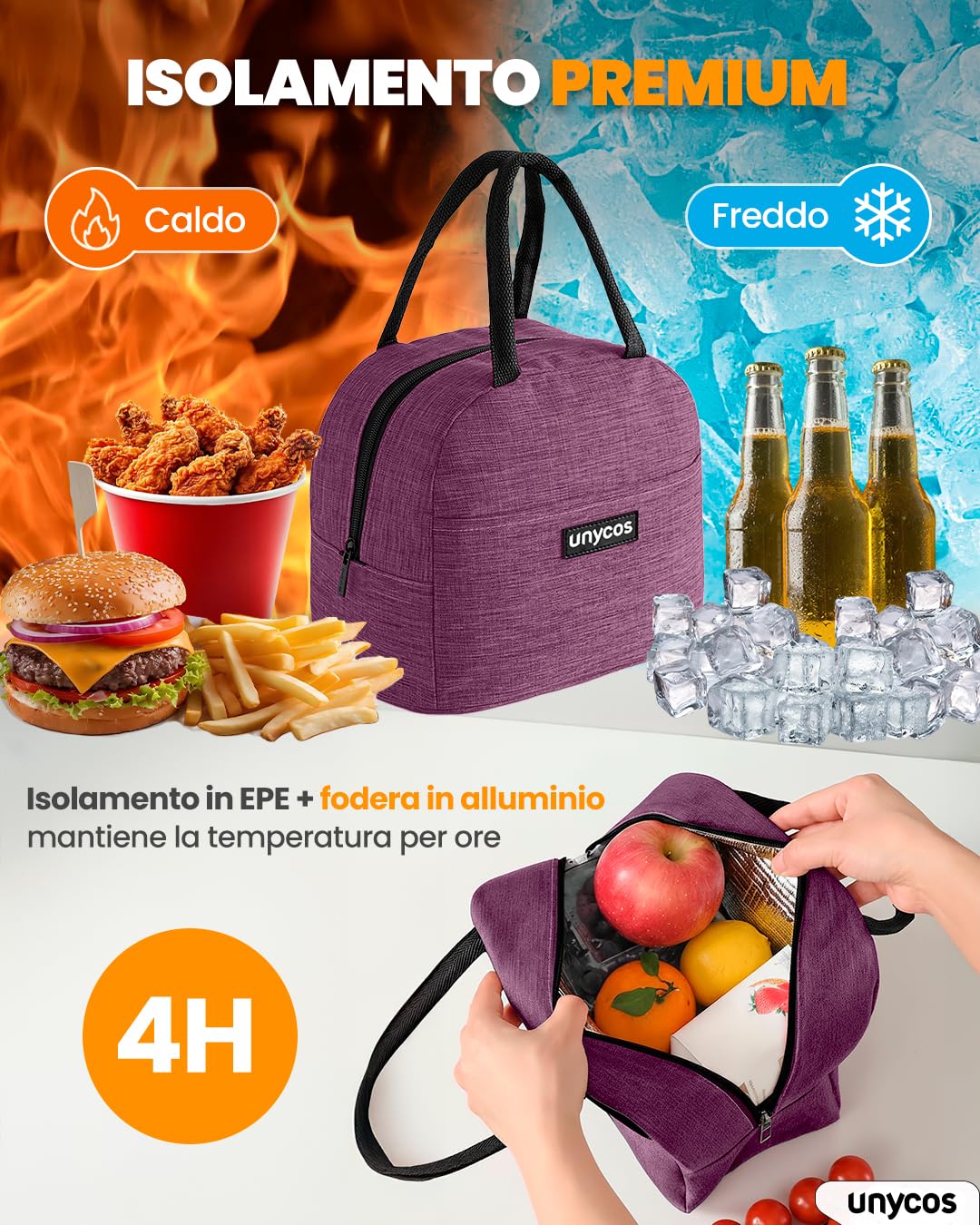 unycos - Borsa Termica 7L Manutenzione di Freddo e Caldo per Uomo/Donna/Bambino, Borsa Frigo Impermeabile Interno in Alluminio, Facile da Pulire, Lunch Box Leggera e Portatile (Viola)