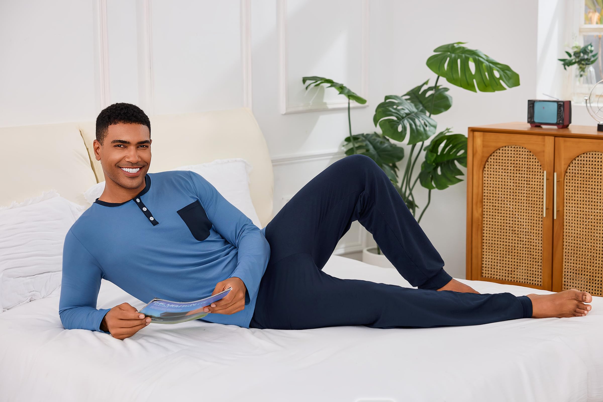 Uniexcosm Pigiama Uomo Cotone Lungo Pigiama A Due Pezzi da Uomo Abbigliamento da Casa