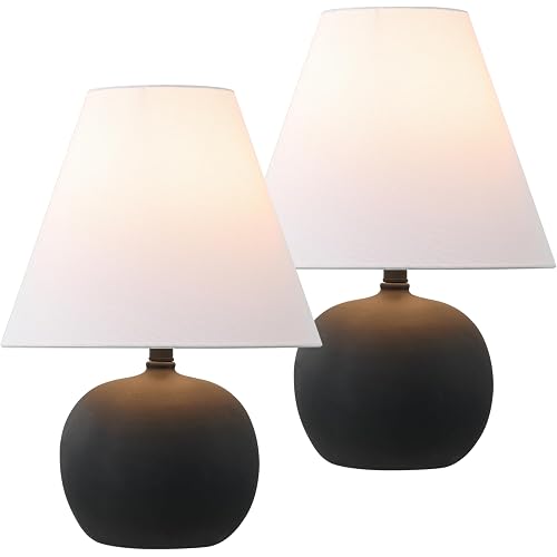 JONATHAN Y Asher 18.25" Gourd LED Table Lamp, Matte Black, Set of 2 | Scandinavian Minimalist Style, White Linen Shade, Resin Metal Base, Bedside Nightstand, Rotary Switch, LED Bulbs Included