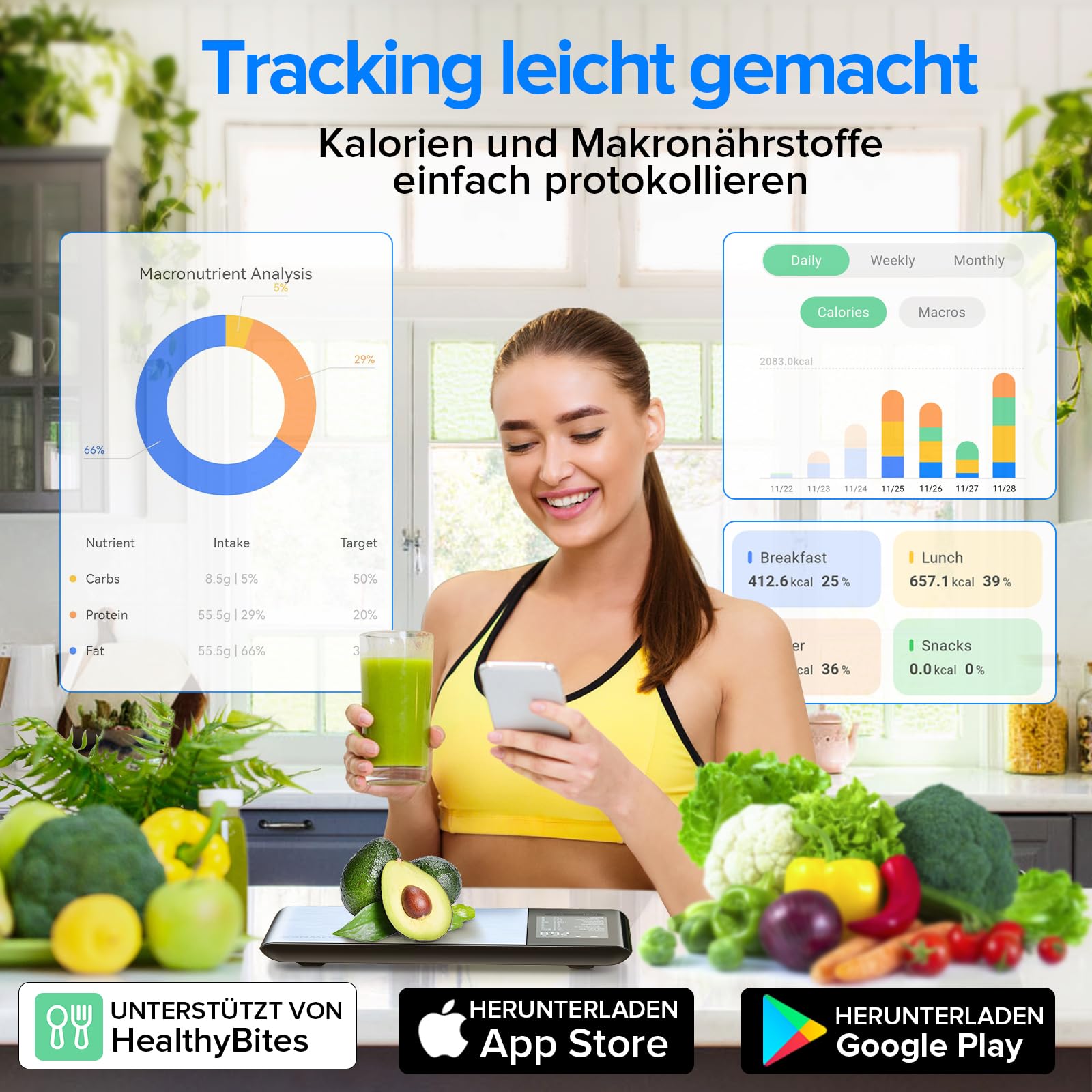 Belife Küchenwaage digital mit Nährwertberechnung, Ernährungswaage App verfolgt 19 Nährstoffe, Kaloriendatenanalyse, Edelstahl-Ernährungswaage, Lebensmittelwaage geeignet für Gewichtsverlust, 5KG-1g