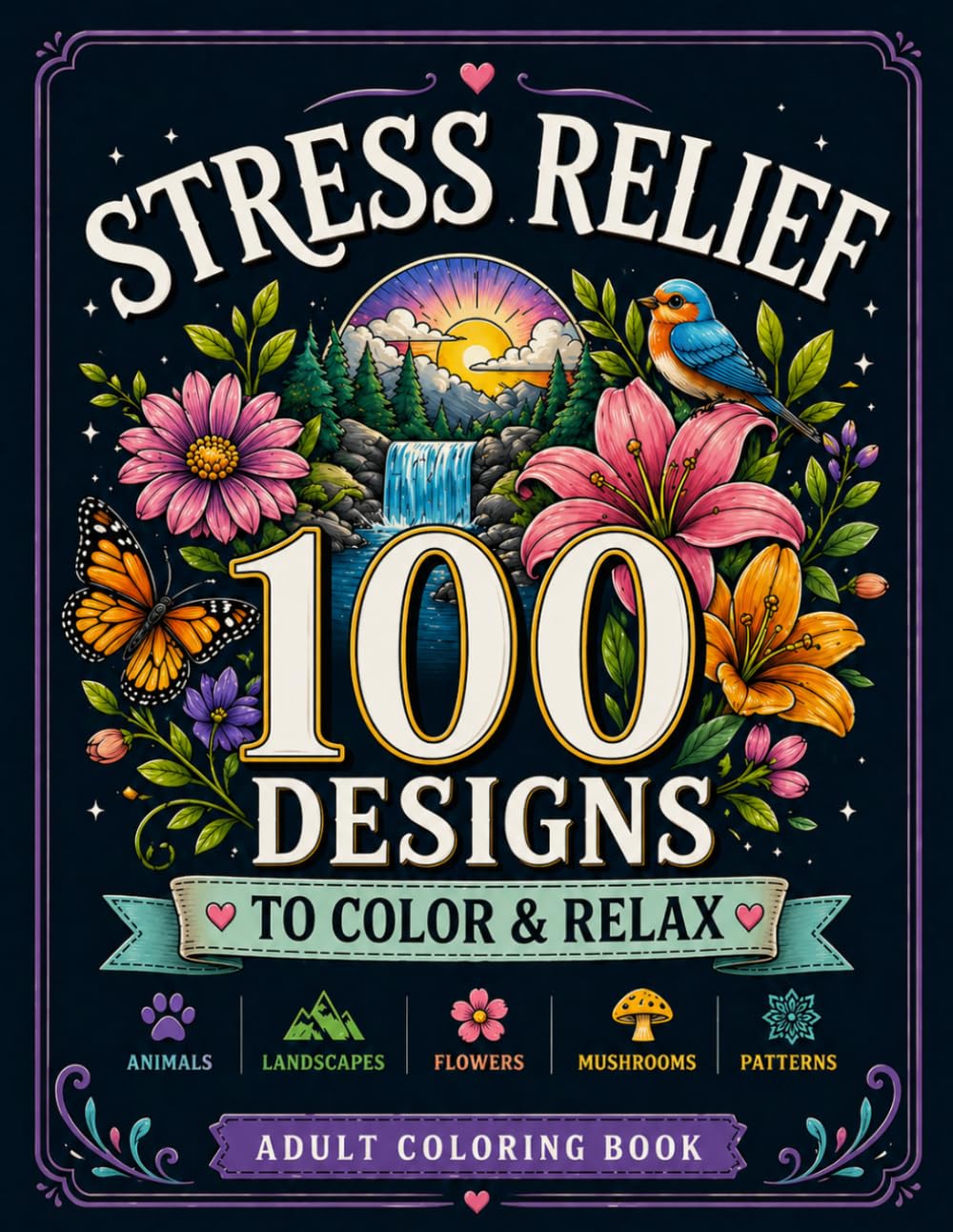 Stress Relief Coloring Book: 100 Designs to Relax and Unwind: A Calming Adult Coloring Book with Animals, Landscapes, Flowers, Mushrooms and Patterns for Relaxation