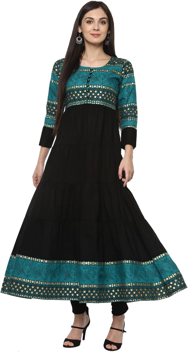 IVES Women's Printed Cotton 3/4 Sleeve | Anarkali U Neck Kurti (Green)