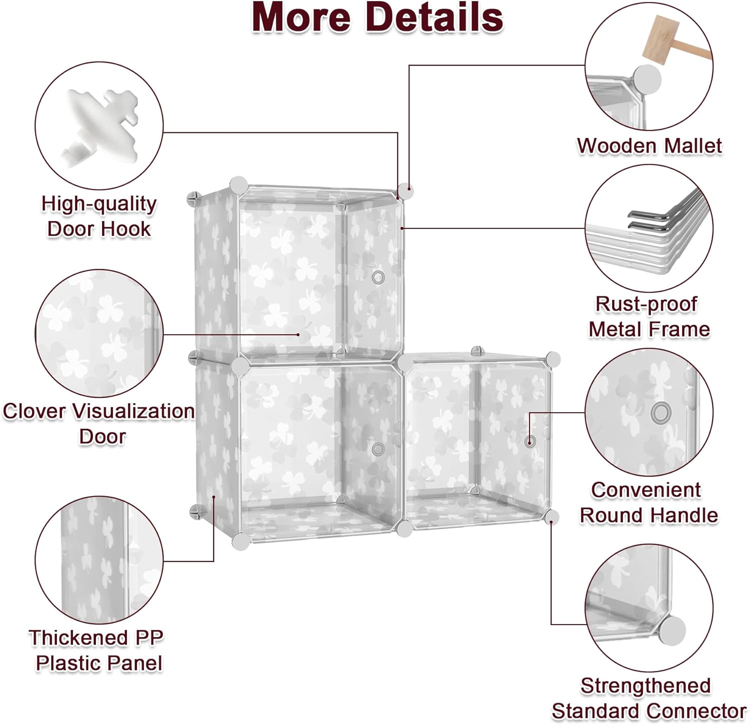 C&AHOME Cube Storage Organizer with Doors, 3-Cube Shelves, DIY Plastic Modular Bookshelf, Closet Clothes Storage Shelving Ideal for Bedroom, Living Room, Clover Embossed, White