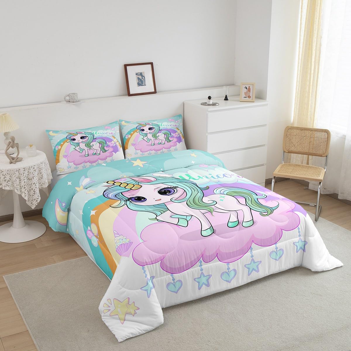 Feelyou Cute Rainbow Unicorn Comforter Set Twin, Girls Unicorn Bedding Set Fairy Dreamy Horse Comforter Kids Toddler Cute Animal Decor Duvet Set with 1 Pillow Case