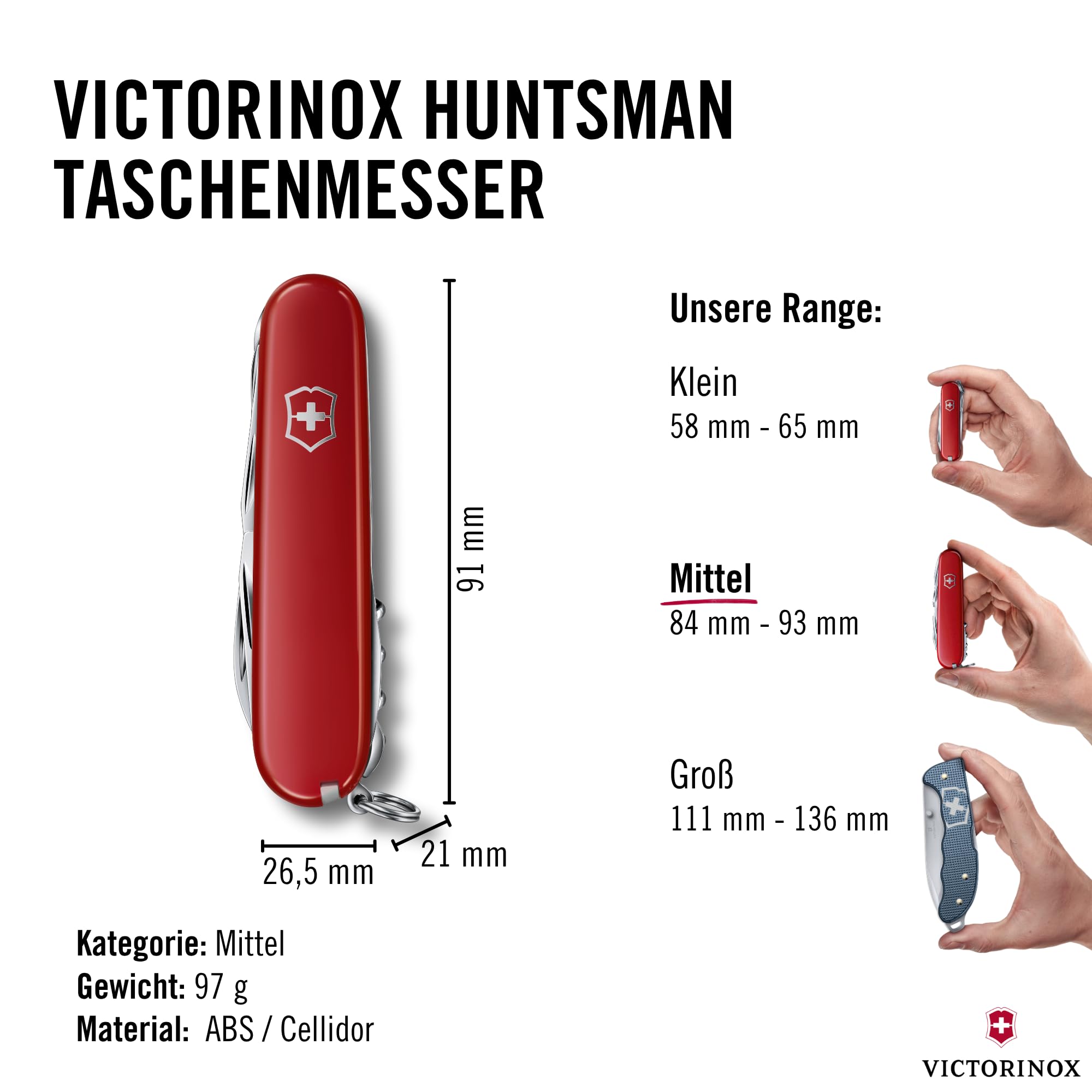 Victorinox, Taschenmesser, Huntsman, 91 mm, rot (15 Funktionen, Klinge, Korkenzieher, Dosenöffner, Klinge)