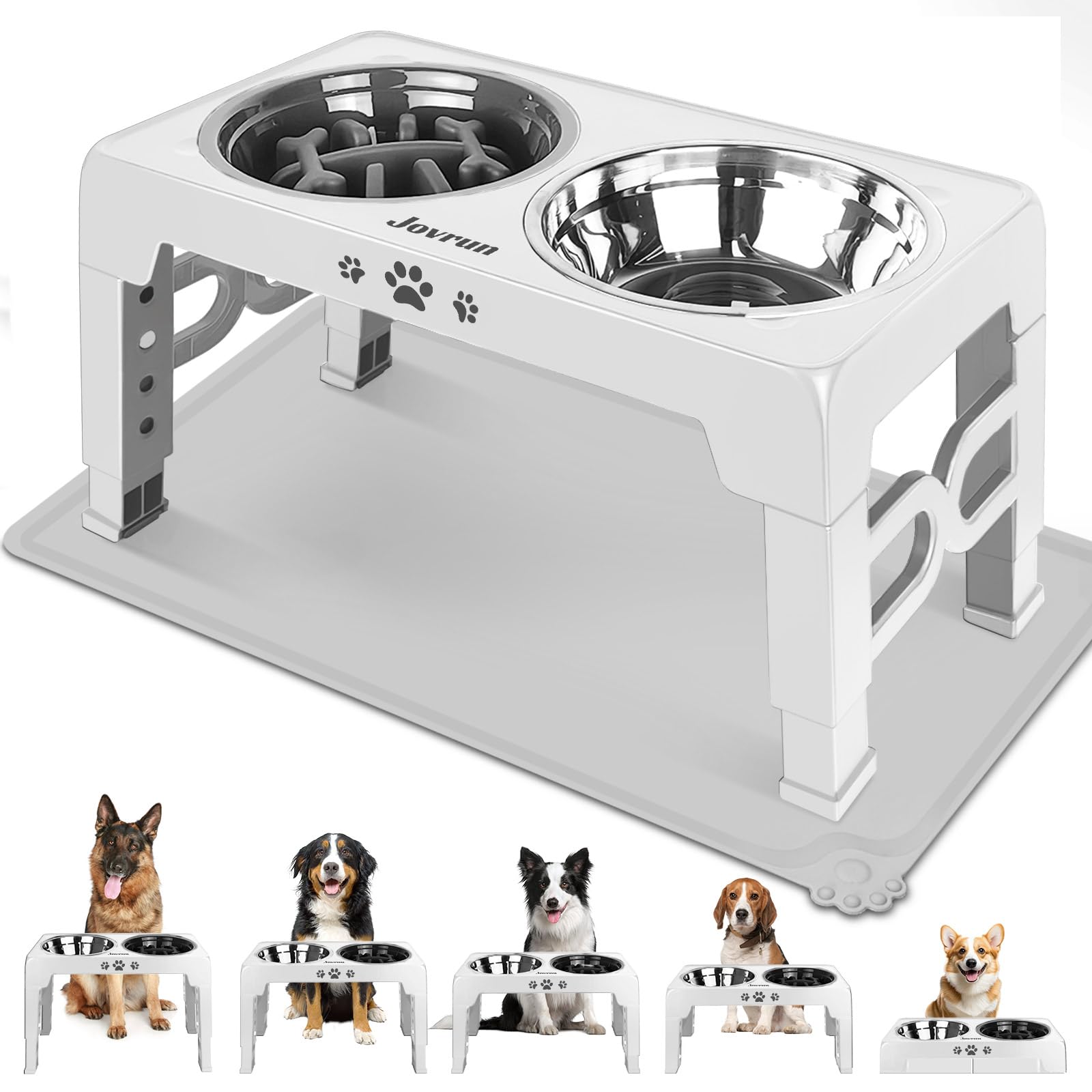 Jovrun Cuencos elevados para perros, soporte elevado ajustable de 5 alturas para perros medianos y grandes, comedero para perros con 2 cuencos de acero inoxidable y 1 cuenco de alimentación lenta para