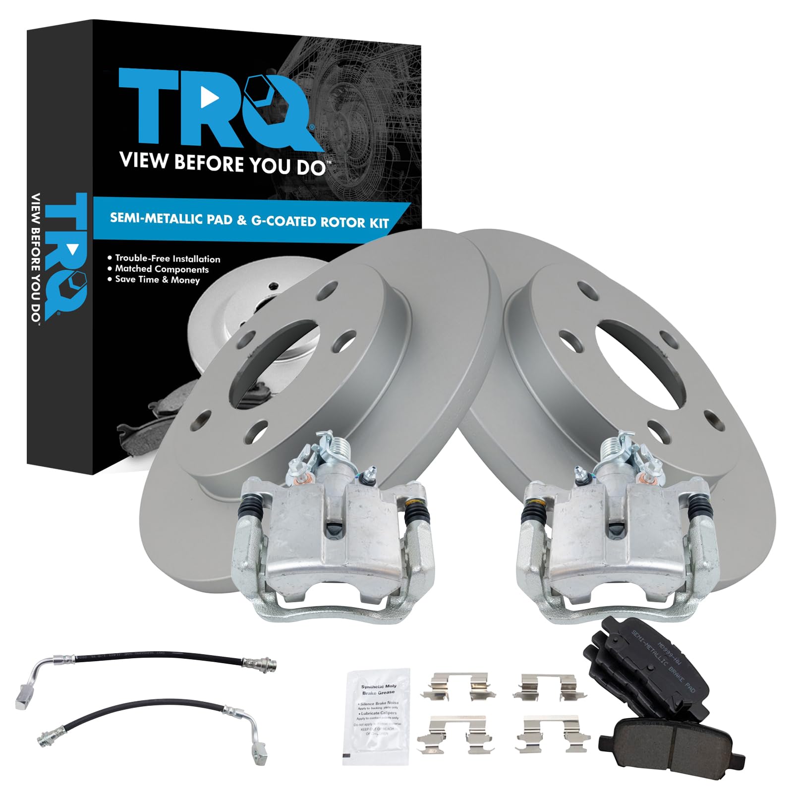 TRQ Rear Brake Pad &amp; Rotor Kit Semi-Metallic Premium G-Coated Compatible with 2011-2013 Chevrolet Impala 2014-2016 Impala Limited