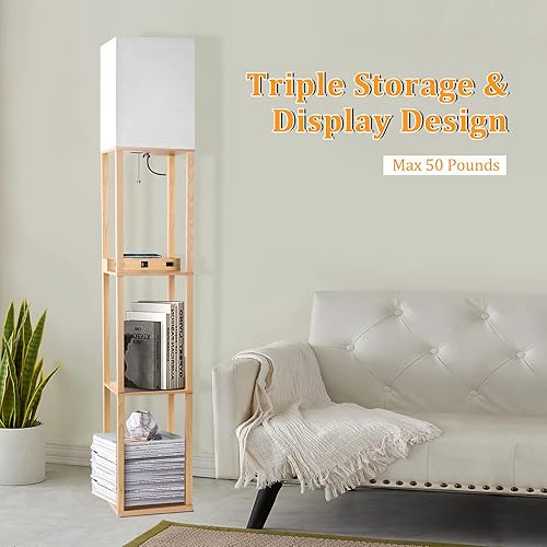 Miniatura 6 de ActualizadaLámpara de pie con estantes, lámparas de pie LED con cargador inalámbrico y puertos de carga USB + tipo C y 2 salidas de CA, lámpara de