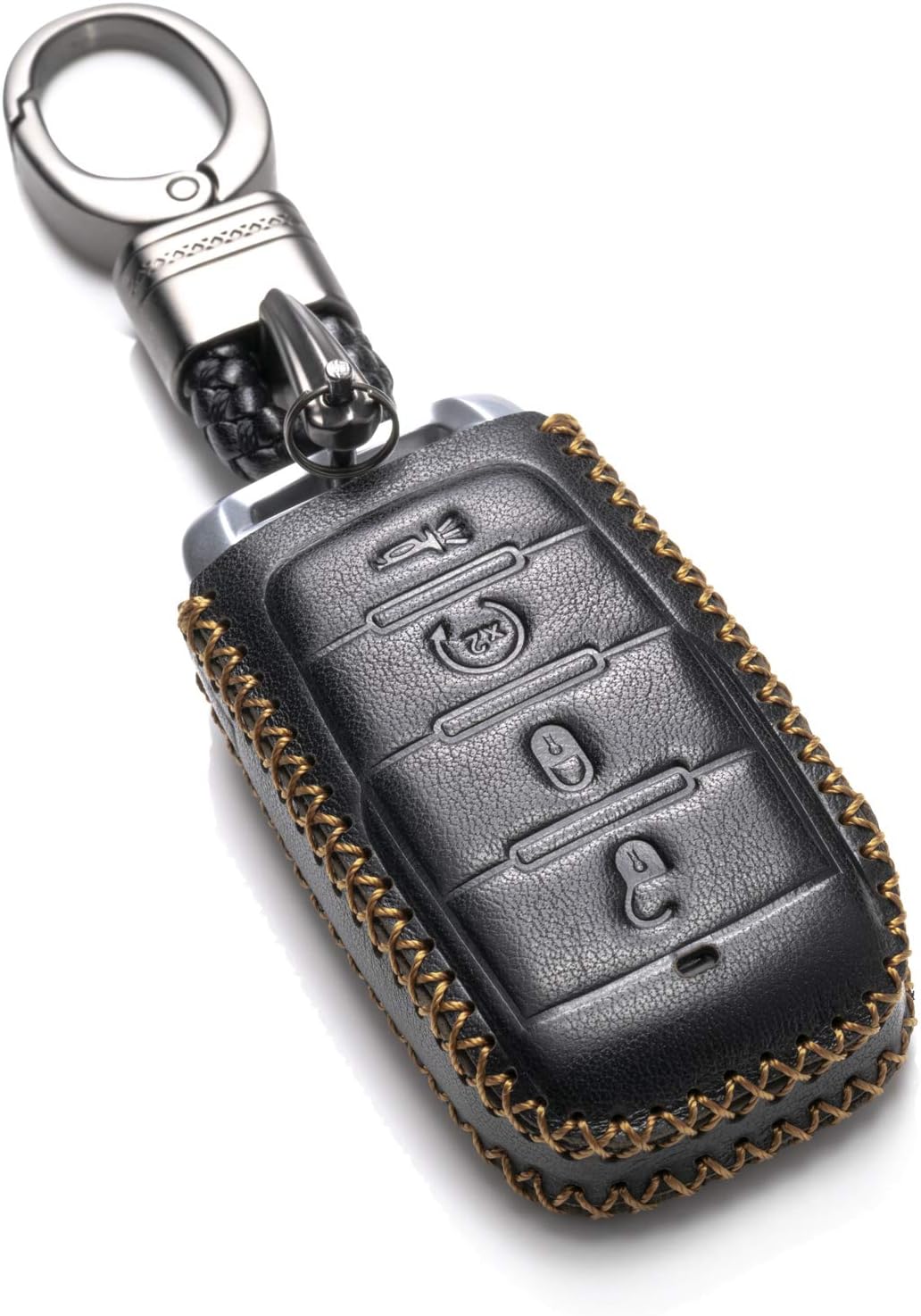 Vitodeco Genuine Leather Keyless Entry Remote Control Smart Key Case Cover with Leather Key Chain for 2019 RAM 1500 (4-Button, Black)