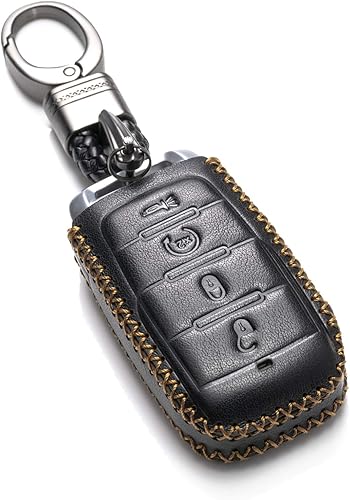 Vitodeco Funda protectora de cuero genuino para llavero inteligente compatible con RAM 1500, RAM 2500, RAM 3500 2019 - 2026 (4 botones, negro)