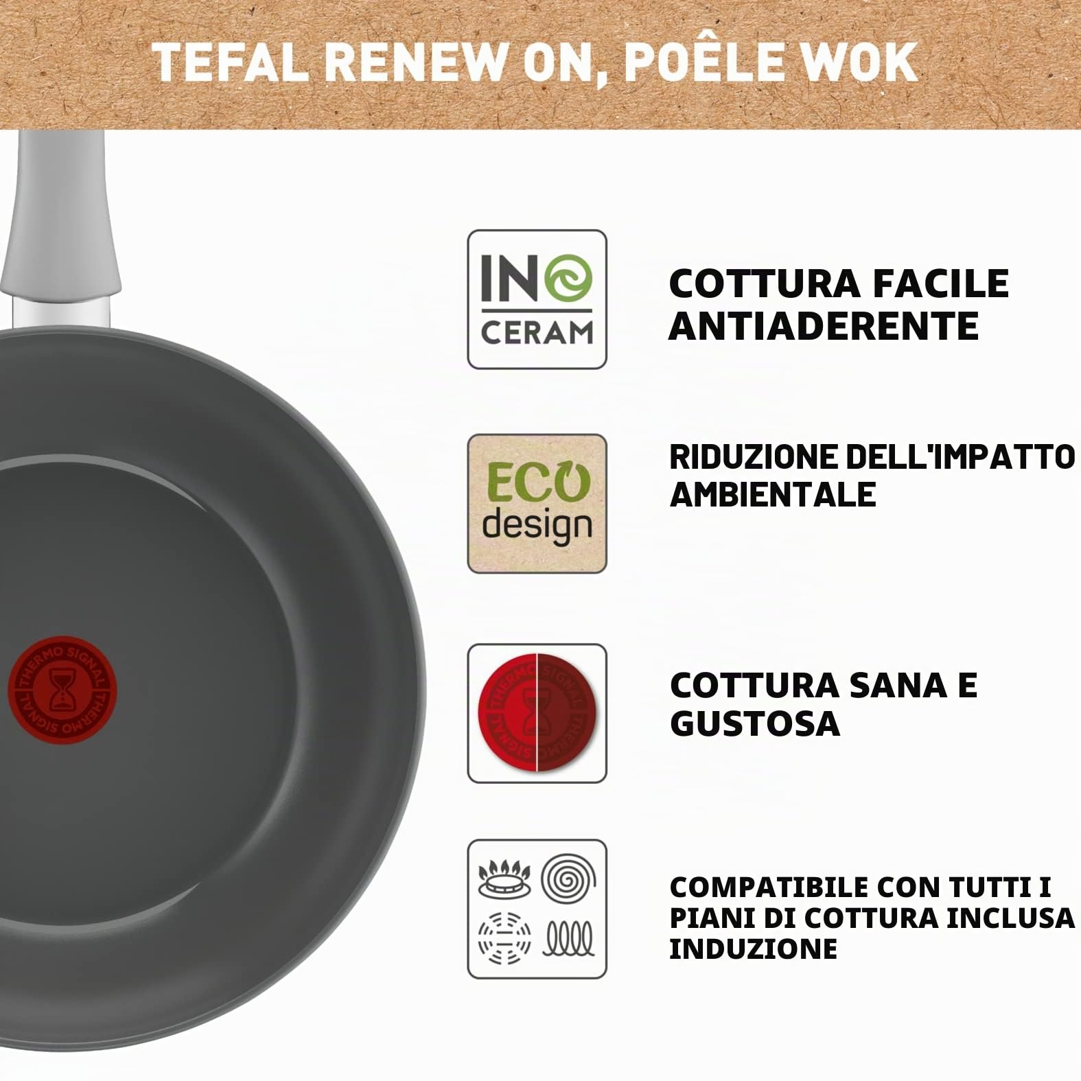 Tefal Renew On, Wok a induzione in Ceramica Antiaderente in Alluminio Riciclato, 28 cm, Grigio