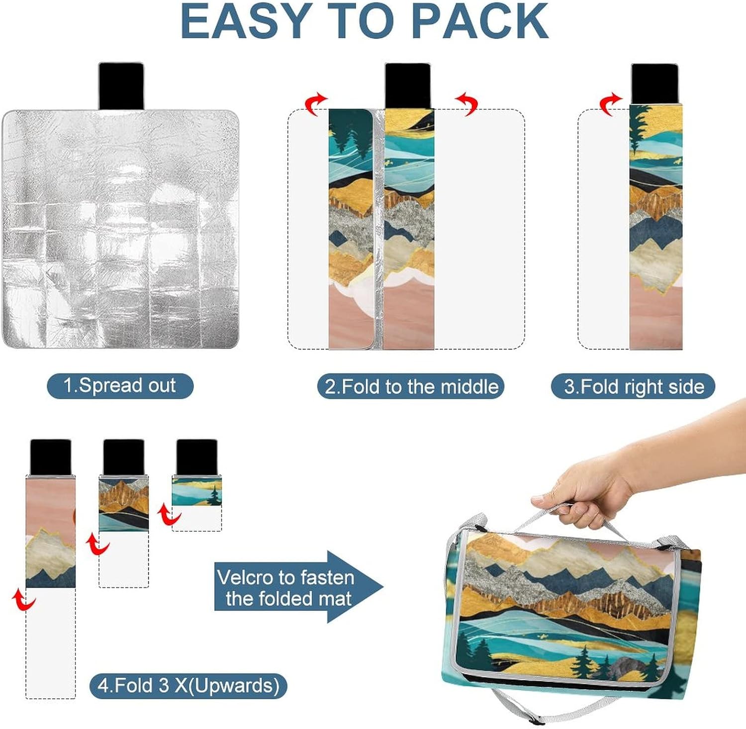 Modern Abstract Forest Soft Waterproof Folding Picnic Blanket Mountain Colorful Japanese Style Geometric Stripe Art Print for The Beach Camping on Grass Waterproof Sandproof 58.3x58.3 Inch