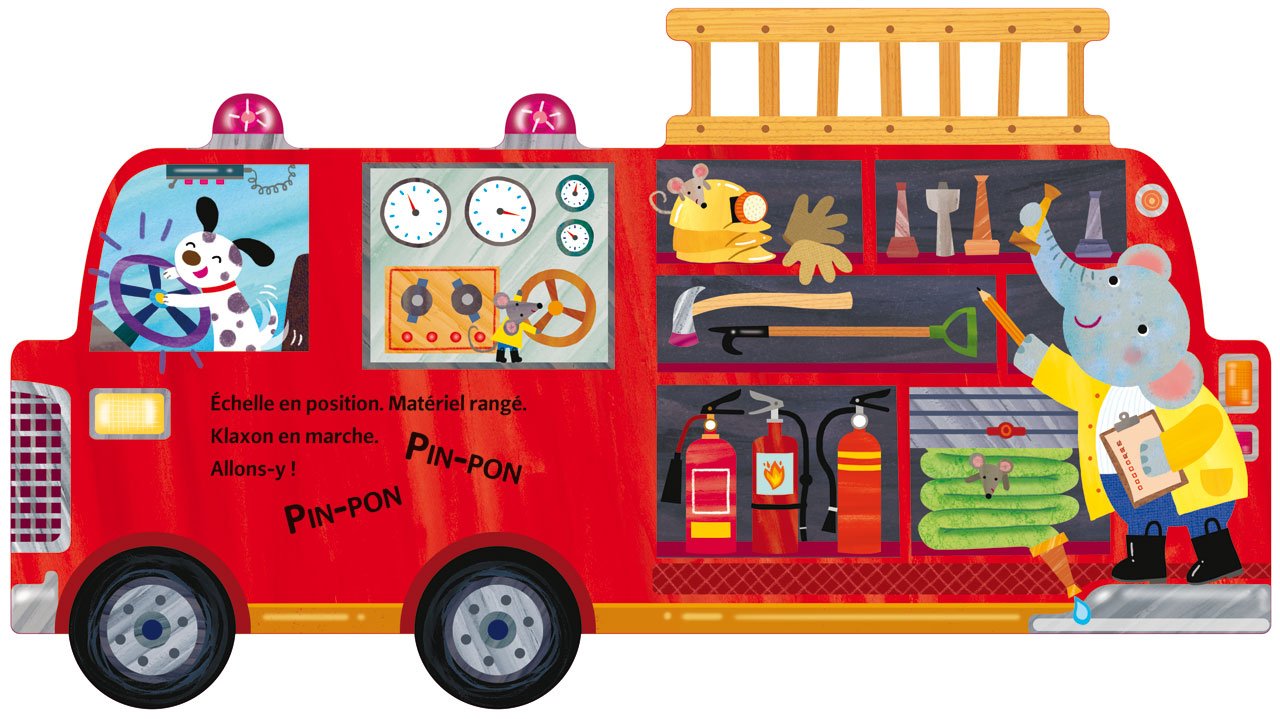 Inside spread of 'The Fire Truck' board book showing the interior of the fire truck with controls and equipment.