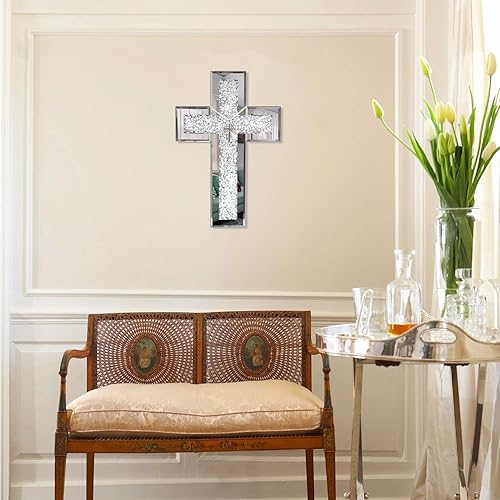 Miniatura 5 de GIMORRTO Decoración de pared con cruz de espejo - Espejo de cristal incrustado con diamante triturado de 15 x 10 pulgadas