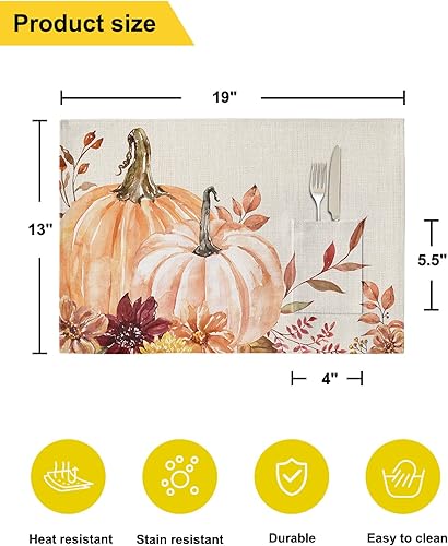Miniatura 6 de Juego de 4 manteles individuales de mesa de calabaza rosa para mesa de comedor, tela de lino de algodón con bolsillo, arpillera cuadrada,