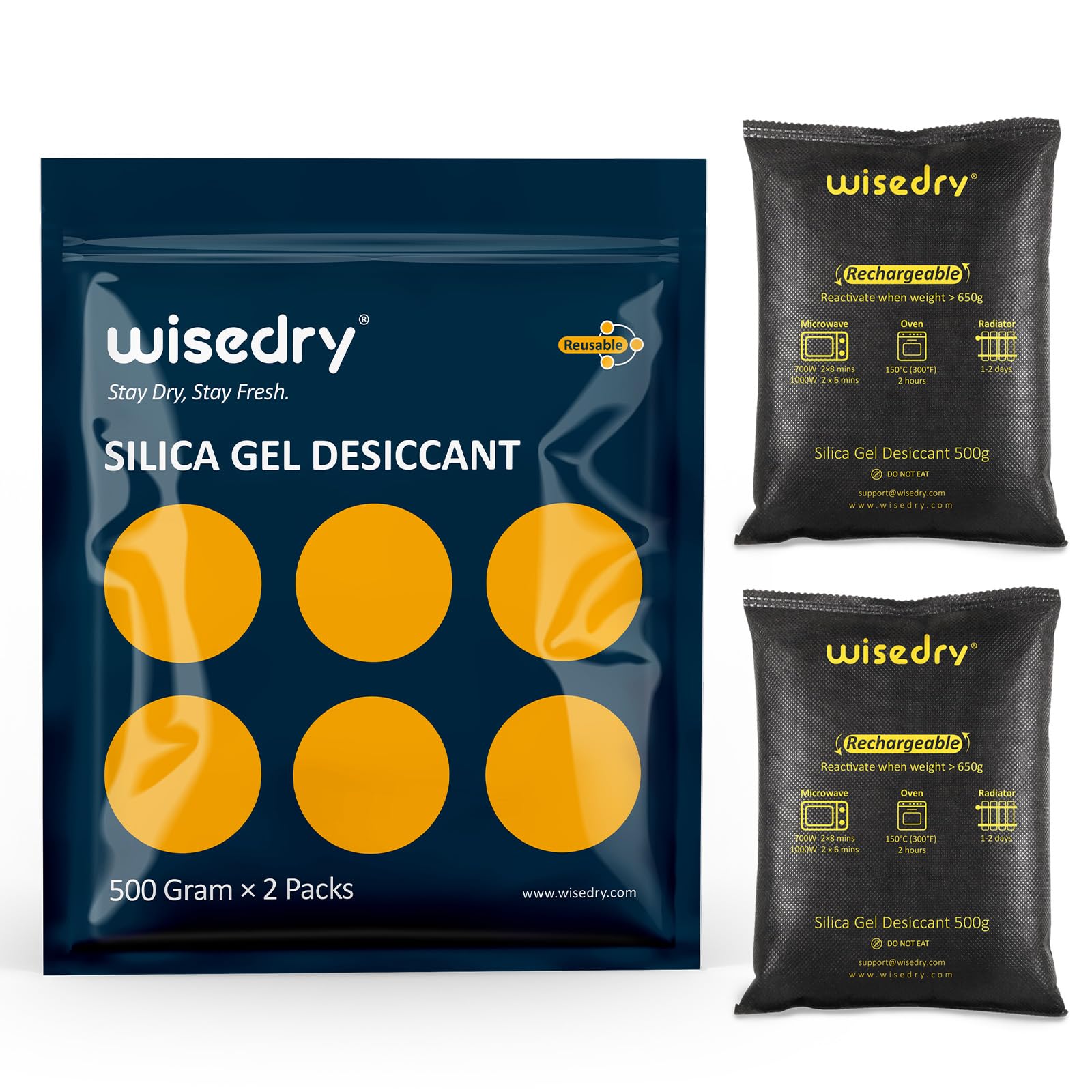 wisedry 2 x 500 Gram [2.2 lbs] Rechargeable Silica Gel Car Dehumidifier, Microwave Fast Reactivated Desiccant Packets Large for Gun Safe Closet Basement Garage Storage Moisture Absorber Bag Reusable
