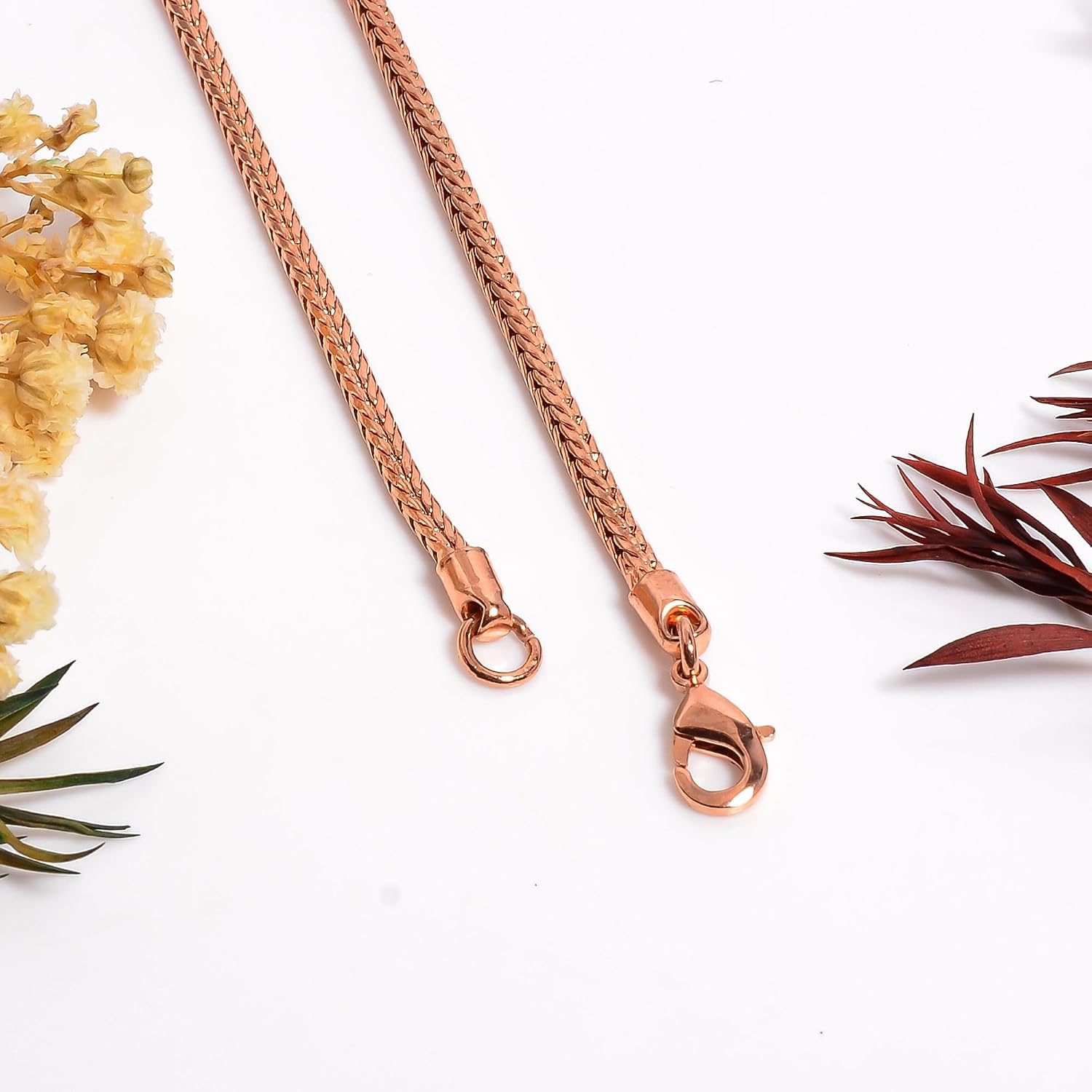 Pure Copper Wellness Chain Necklace for Men & Women | Rose Gold Finish | Non-Tarnish Flat Herringbone Style | Lightweight Daily Wear | Hypoallergenic Copper Jewelry Gift
