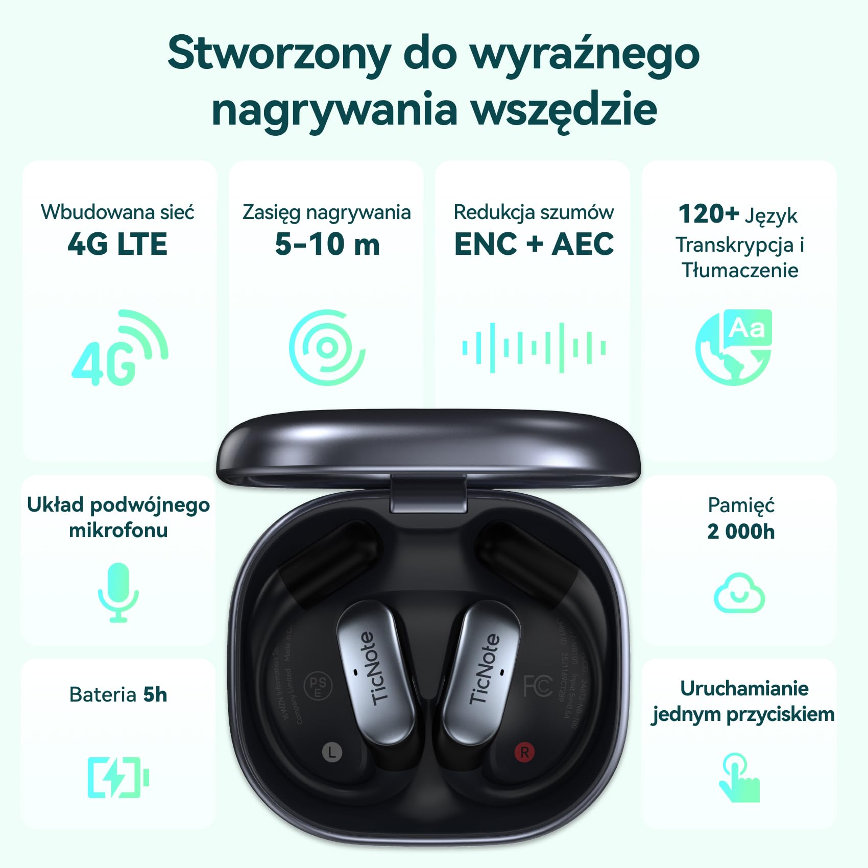 TicNote Pods Rejestrator Głosu AI 4G – Transkrypcja, Aktywacja Głosem, Notatki ze Spotkań, Tłumaczenie w 17 Językach, Bateria 5h (Granatowy)