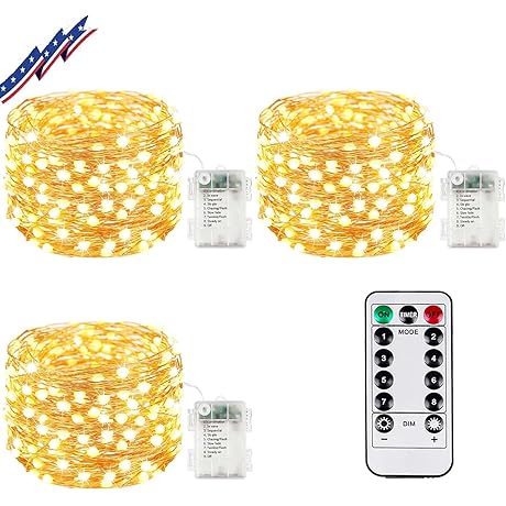 [3-Pack] 33Ft 100 LED Remote Controlled Battery Operated Twinkle Fairy Lights with Timer Warm White