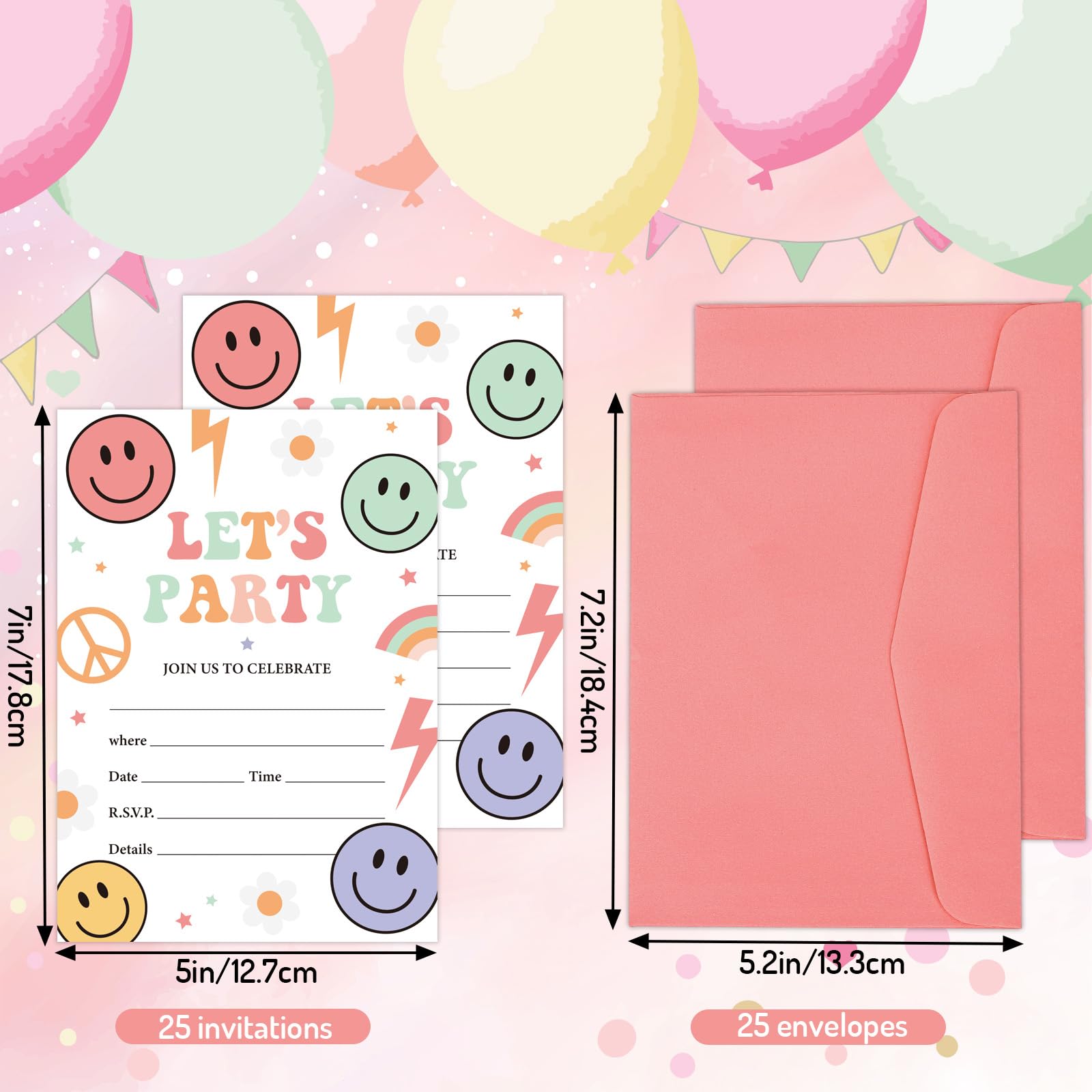 JarThenaAMCS 25 Set Retro Smile Face Party Invitations with Envelopes Boho Birthday Checkered Candy Color Happy Face Invites for Wedding Celebration Party Decors, 5 x 7 Inch