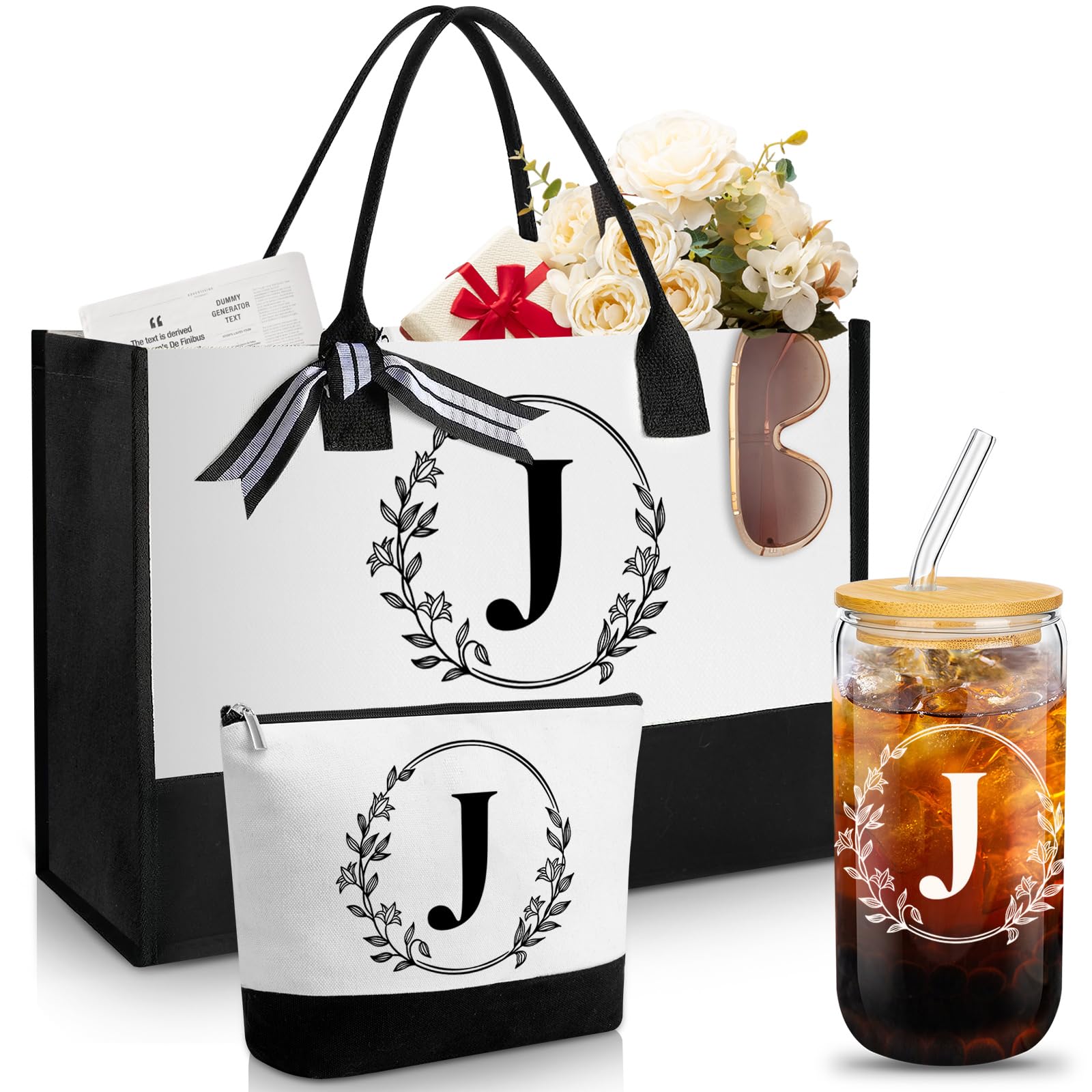 Aliceset Initial Gifts for Women Monogrammed Canvas Tote Bag with Zipper Pockets Reusable Grocery Bags and Glass Straws Cup(Letter J)