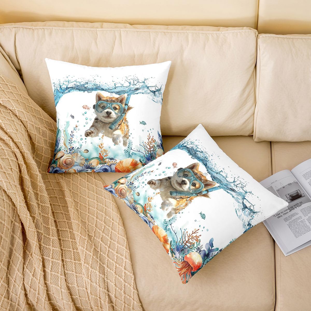 Homewish Cute Corgi Dog Throw Pillow Covers (Pack of 2),Ocean Diving Dog Cushion Cover for Kids Girls Boys Tropical Coral Shell Jellyfish Pillow Cases Pet Animal Living Room Sofa Bed Decor,16" Lx16 W image 2