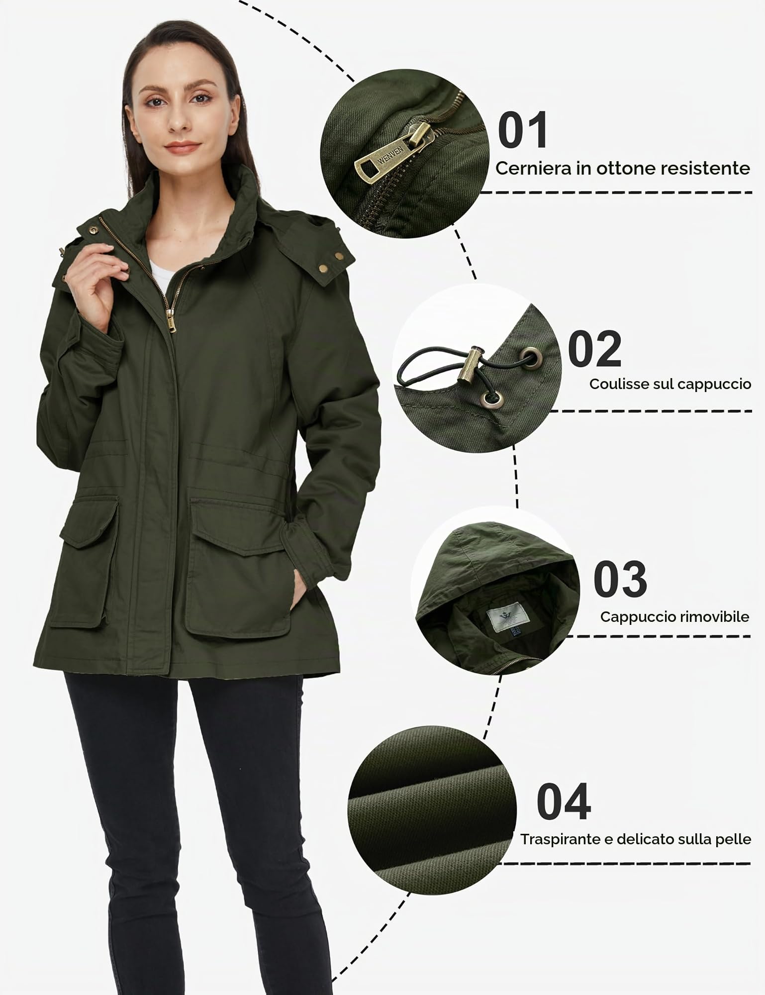 WenVen Giacca da Donna con Zip Cotone Casual Antivento Cappotto | Multi-tasche, Giacca Outdoor Donna, Windbreaker Leggero, Cintura Regolabile, Media Lunghezza, Slim Fit, Autunno & Inverno