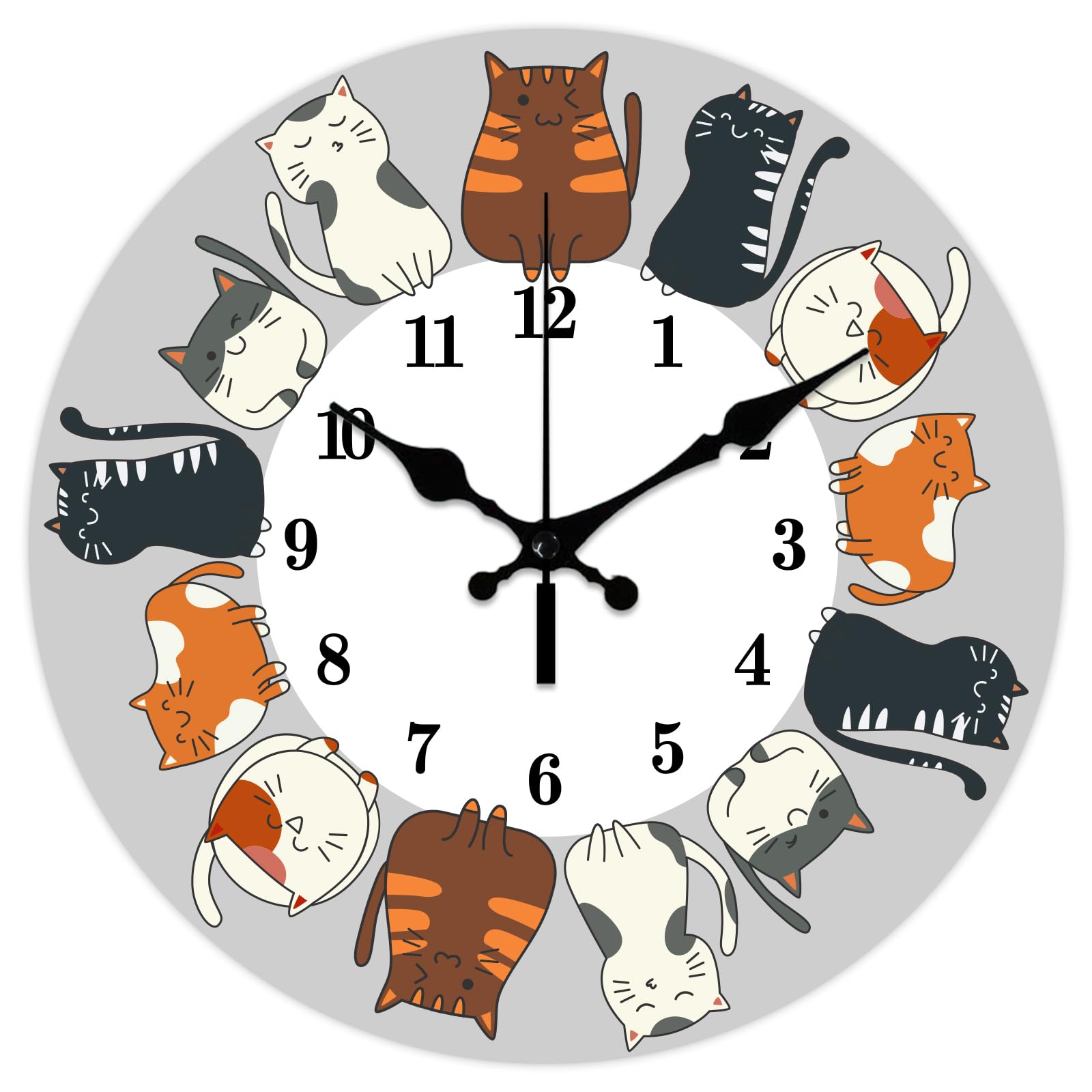 CHGCRAFT Surround Cartoon Cat Pattern Wall Clock 12 Inch Non-Ticking Clocks Round Wall Hanging Clock Battery Operated for Bedroom Living Room Kitchen Office