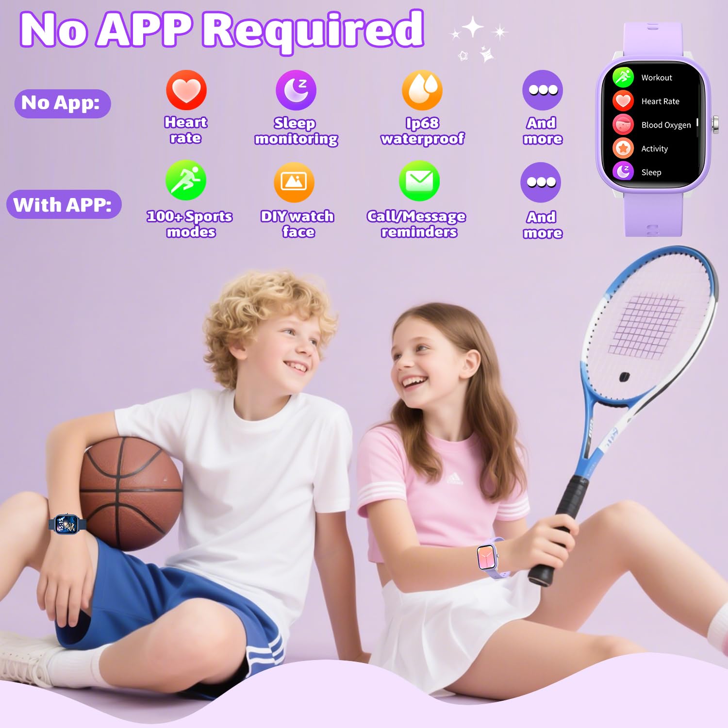 Fikami Reloj Inteligente para niños niñas No App No se Necesita teléfono, 1.83 "IP68 Impermeable Reloj Deportivo, frecuencia cardíaca, Juegos de Rompecabezas para niñas niños Adolescentes 6-16