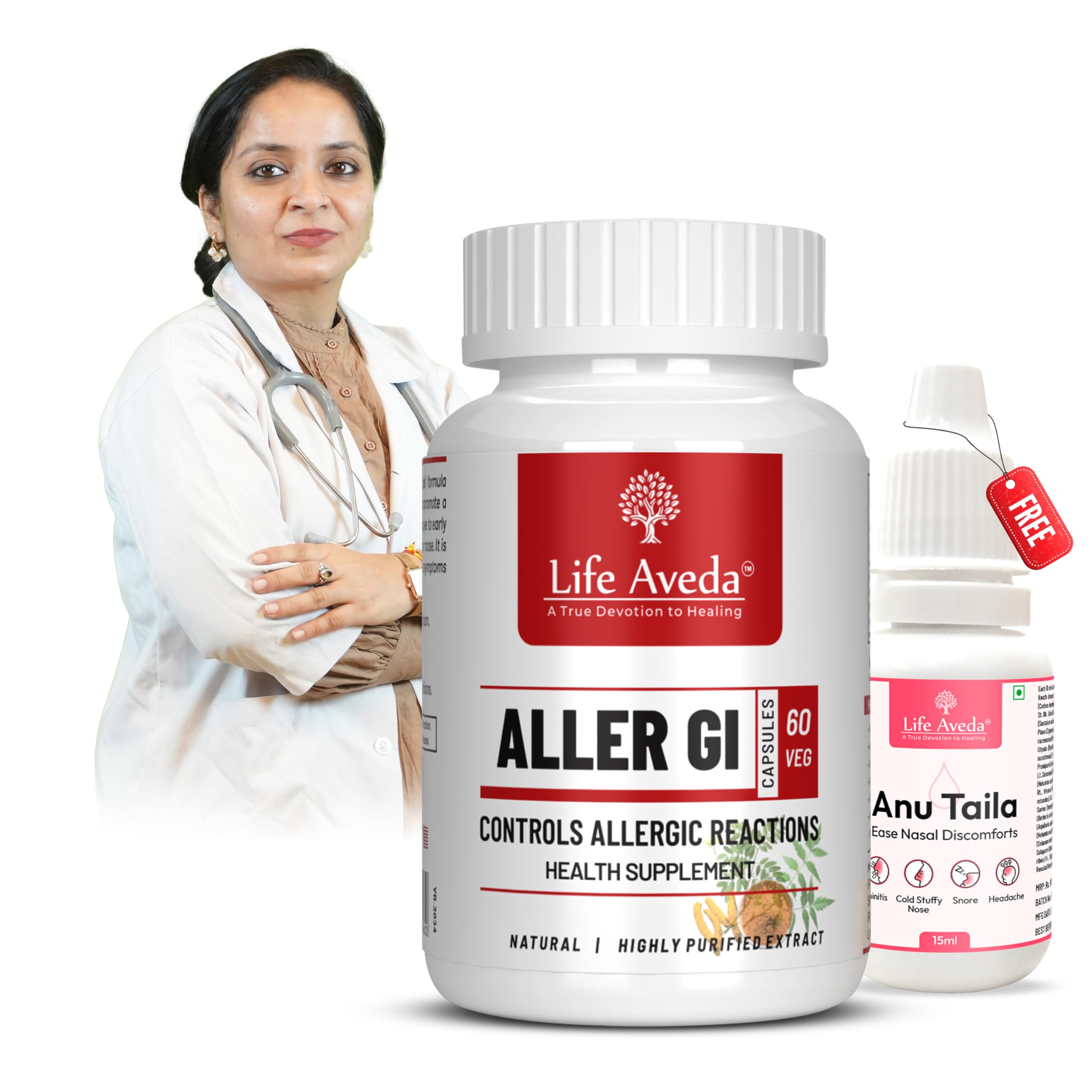 Life Aveda 100% Natural Ayurvedic Aller Gi Capsules for Allergic Reactions, Reduces Mild Asthma, Sneezes, Reduces Congestion And Skin Redness - 60 Capsules (Pack of 1)