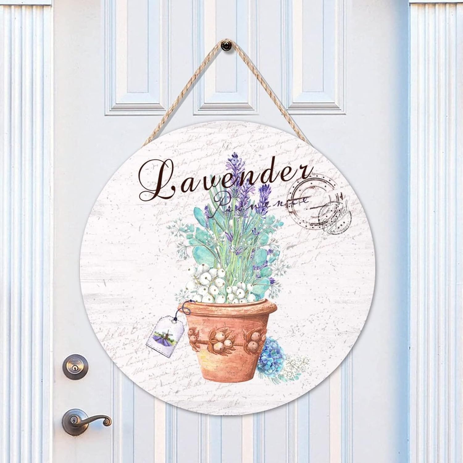 Lavender Front Door Sign, Custom Calligraphy Wood Door Sign, 16x16in Old Paper Textures Wall Door Hanging Sign Decor for Outdoor Front Porch Front Door Housewarming Gifts