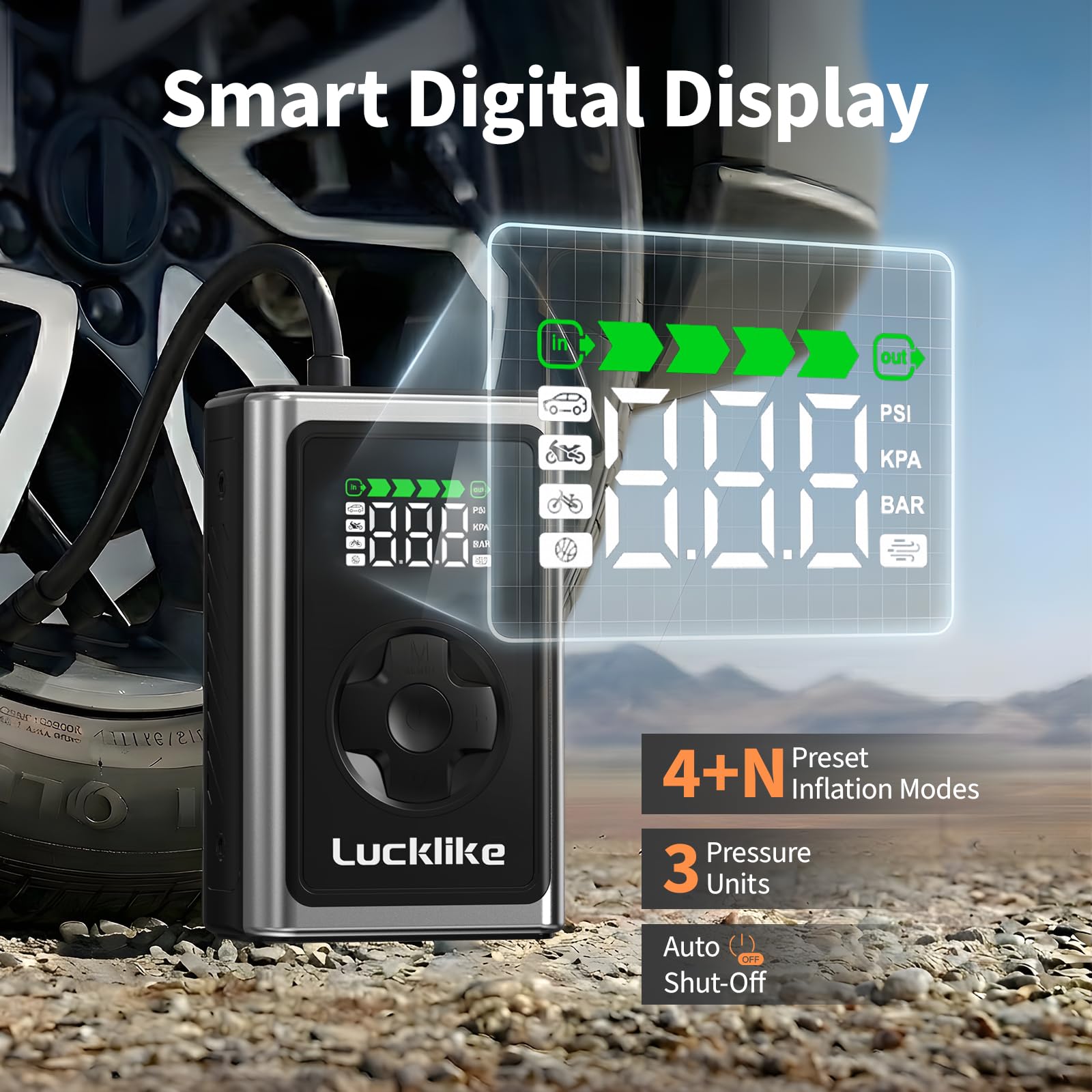 Lucklike Inflador portátil de neumáticos de bicicleta, bomba de aire portátil de 150 PSI para neumáticos de bicicleta, bomba de neumáticos de bicicleta con medidor de presión digital de neumáticos