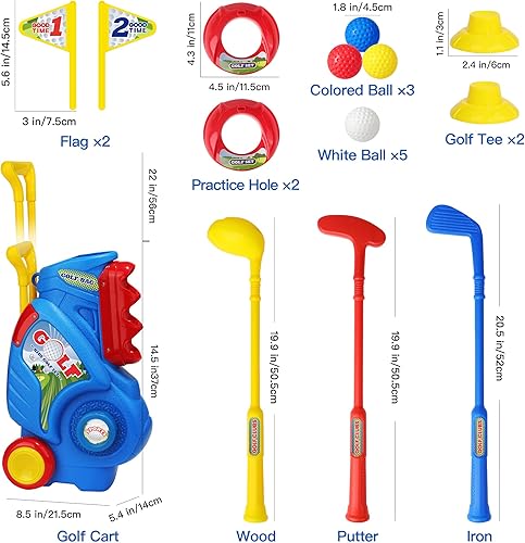 Miniatura 6 de Juego de golf para niños y niñas de 2, 3, 4, 5 años, carrito de golf mejorado para niños con 3 palos y 8 bolas, juguetes deportivos para interiores