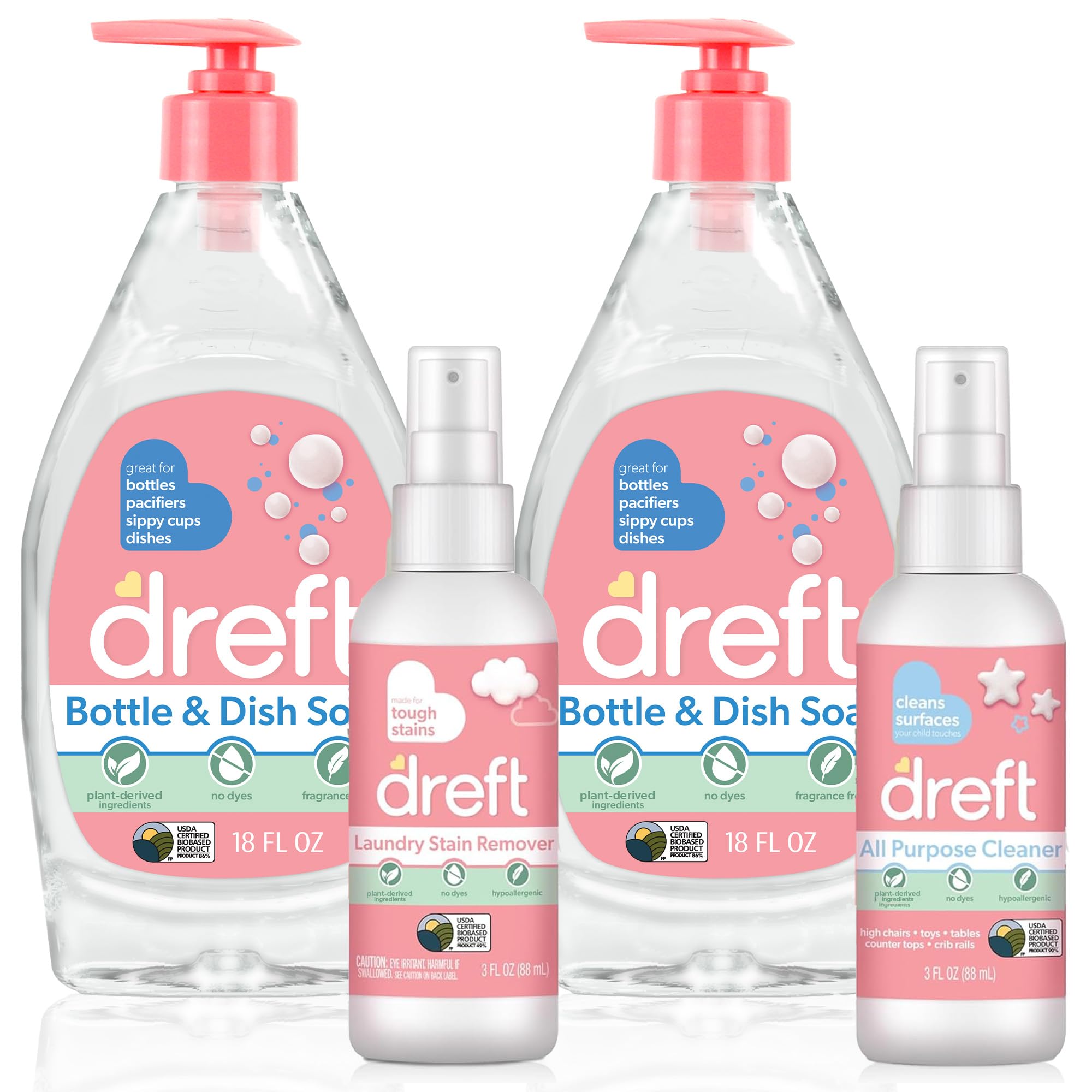 DREFT Bottle and Dish Soap Baby Gift Set - Bonus Travel Size Dreft All Purpose Cleaner &amp; Stain Remover - Made to Clean Baby Essentials - Plant Based Ingredients, Fragrance Free Formula - 4 Piece Set