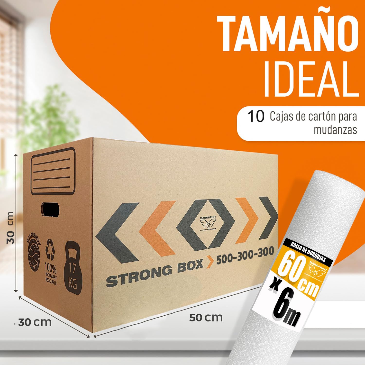 Pack 10 Cajas Mudanza + Rollo Burbujas - Cajas Carton (50X30X30) Reforzadas y Resistentes - Cajas con Certificación FSC - Cajas de Carton Mudanza 100% Reutilizables