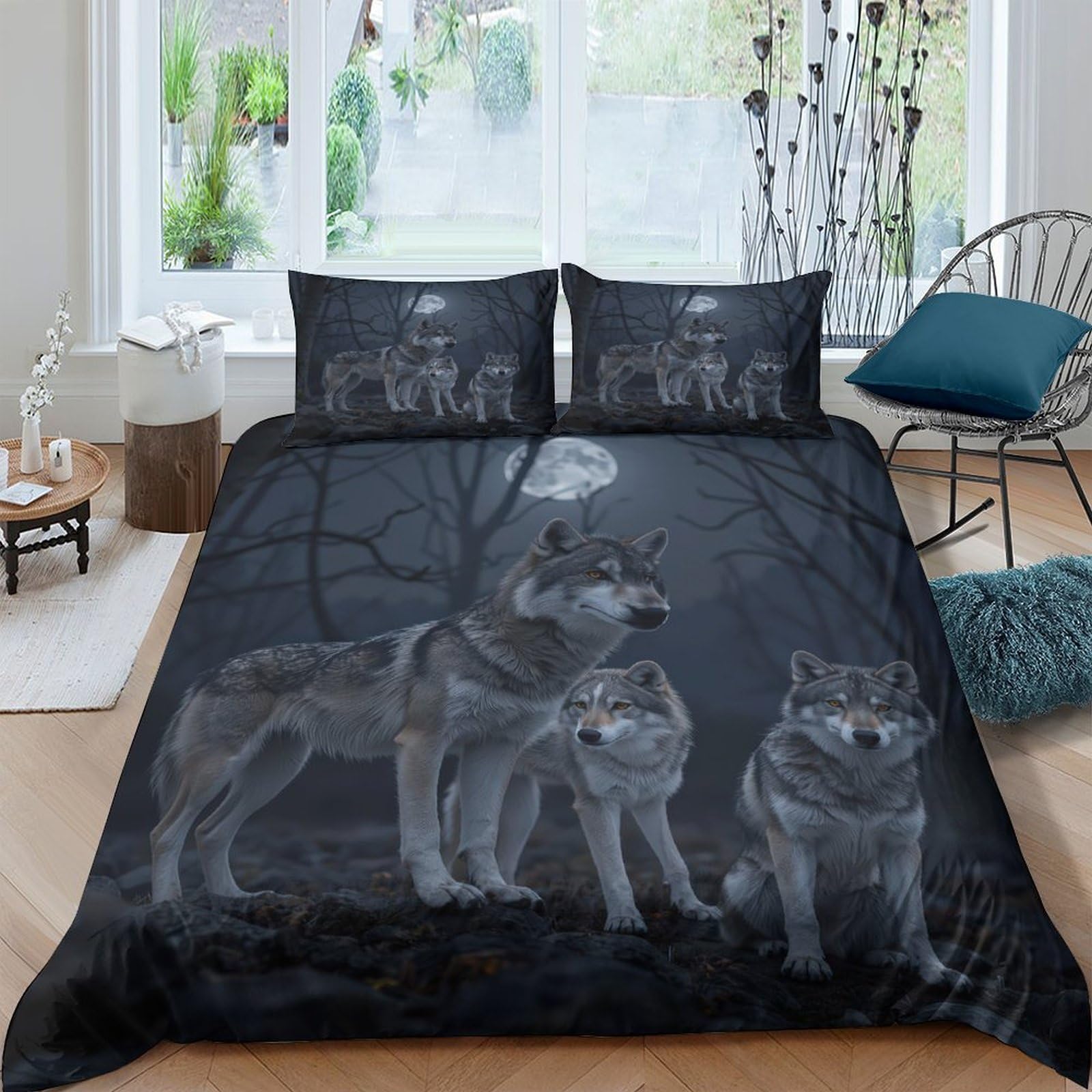 Ctjqhvkz Style-5 3D Printed Wolf Forest Fitted Sheet Microfiber Soft Black Grey Moon Mattress Cover For Bedroom Guestroom Home Decor Single（135X200cm）
