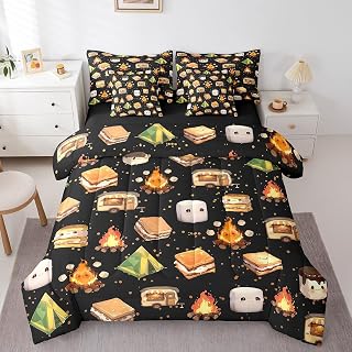 Erosebridal Kids Camping Bedding 7 Piece Cute Camper Car Tent Full Comforter Set with Sheets for Boys Girls,Rv Bunk Bed in A Bag Accessories for Inside,Travel Trailers Adventure Bed Set