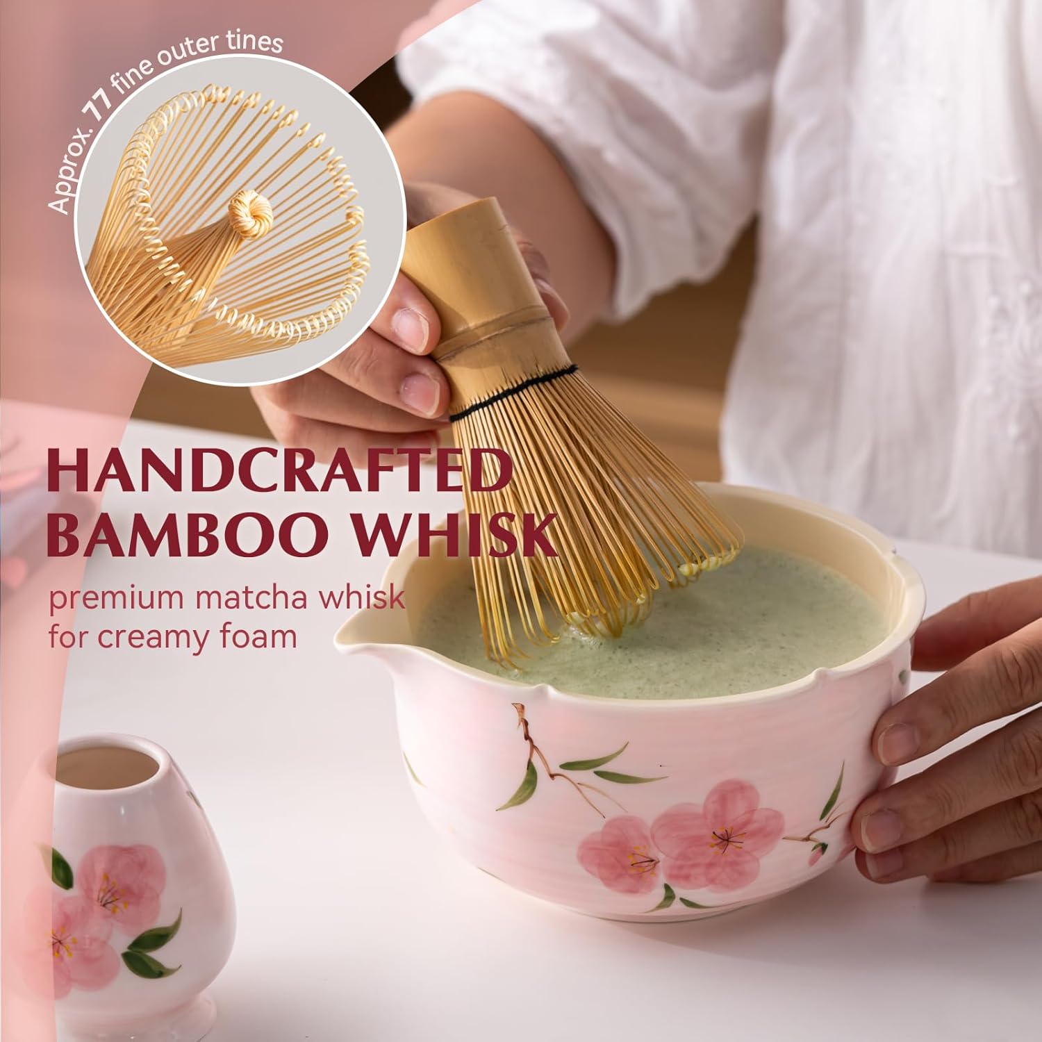 Matcha Whisk Set, 7Pcs Matcha Set with Hand-Painted Ceramic Matcha Bowl, Matcha Whisk and Holder, Scoop and Rest, Sifter, Tea Towel, Artisan Matcha Kit for Ceremony & Gifting (Pink) - Image 7